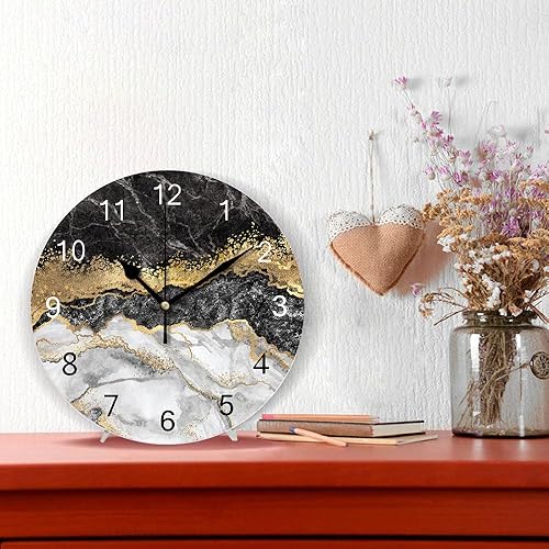 Miniatura 5 de LANEABUY Reloj de pared rústico silencioso sin tictac, flujo negro, textura de mármol dorado, redondo, sin marco, reloj de pared decorativo para el