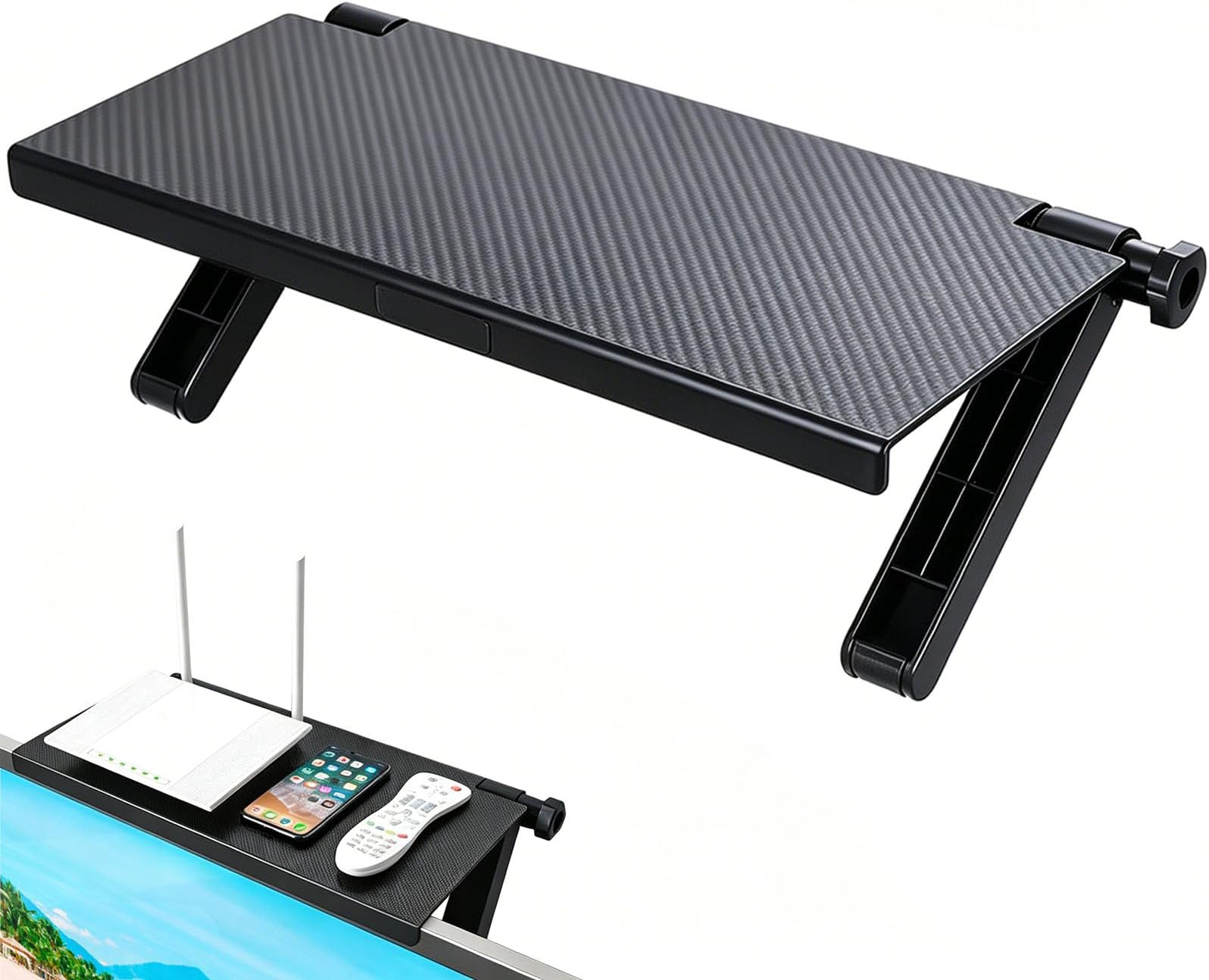 TV Top Shelf Screen Top Storage Stand, Black Computer Monitor Top Mounting Bracket Adjustable Cable Box Mount Shelf with 13 inch/33cm Platform for Speakers, Router, Sound Bars, Game Console