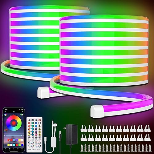 Tira de luces de neón RGB de 66 pies, tira de luz de neón LED multicolor que cambia con aplicación, tira de luz LED de neón flexible para interiores