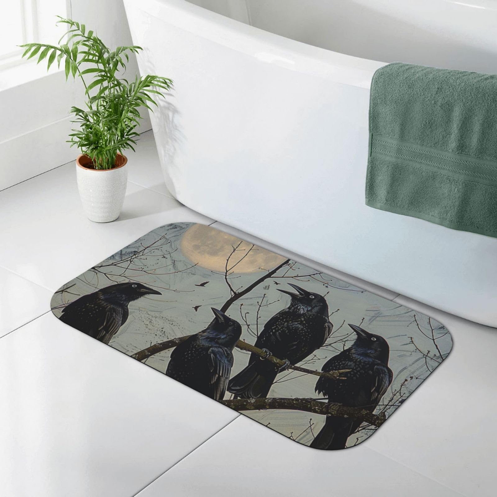 Tapis corbeau de salle de bain noir absorbant pour une décoration gothique chic et originale