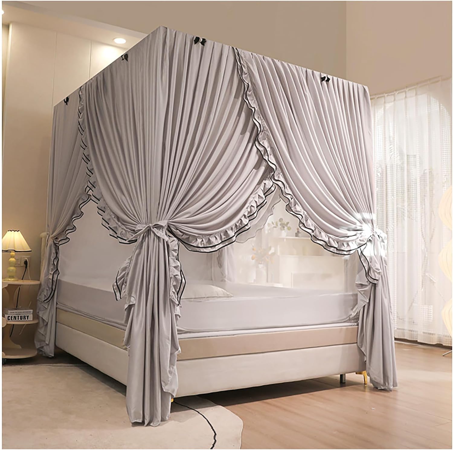 GTHTUHFD U Princess Bed Netting Canopy For S, Mosquito Net Bed Frame, 4 Corners Curtain Brackets Post Bed Curtain Canopy For Bedroom,Grey-Queen