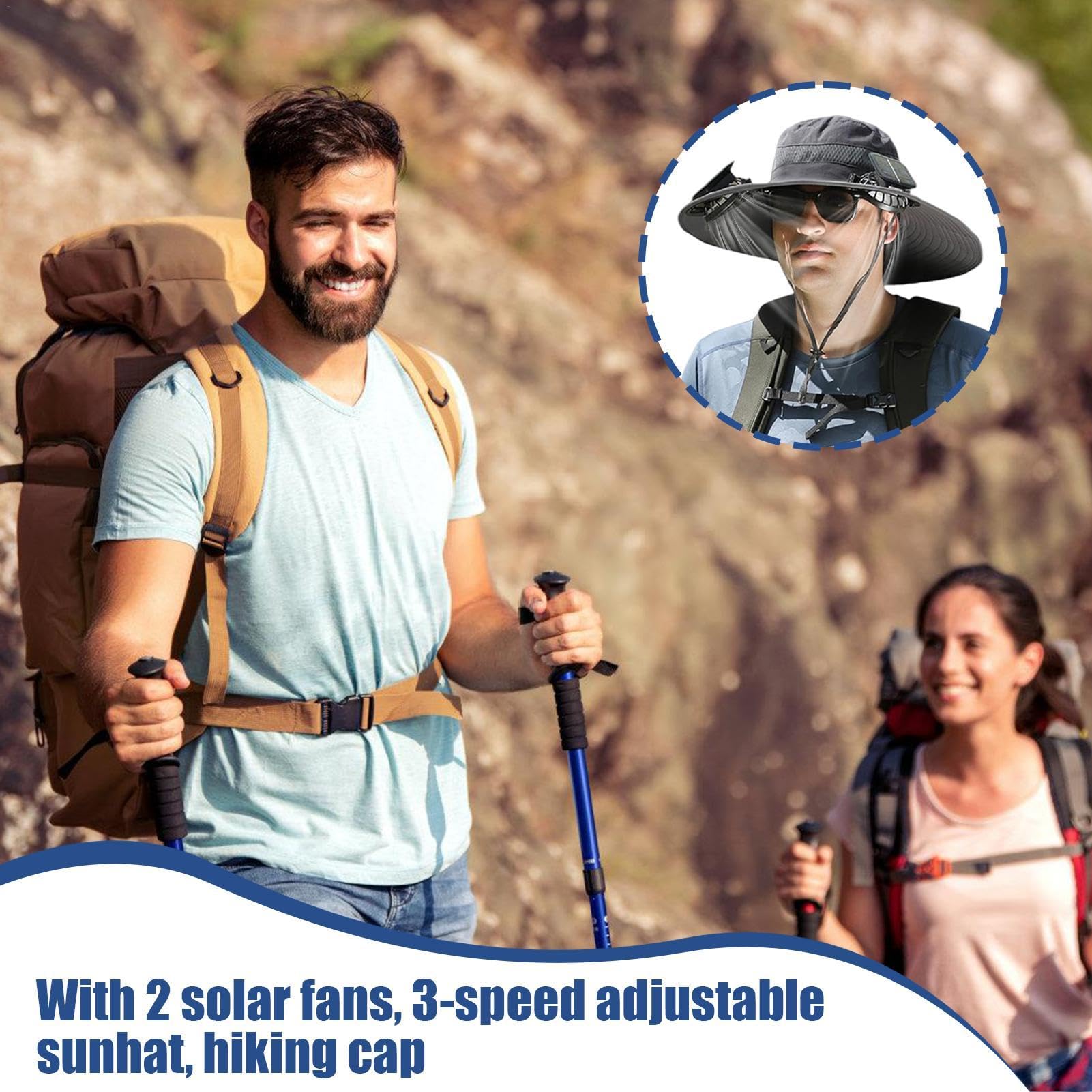 Hut mit eingebautem Ventilator, solarbetriebener Ventilatorhut - Sonnenhut mit breiter Krempe, 3 einstellbare Windgeschwindigkeiten,Solarkühlhut, atmungsaktiver Fischerhut, USB-Solaraufladung für Männ
