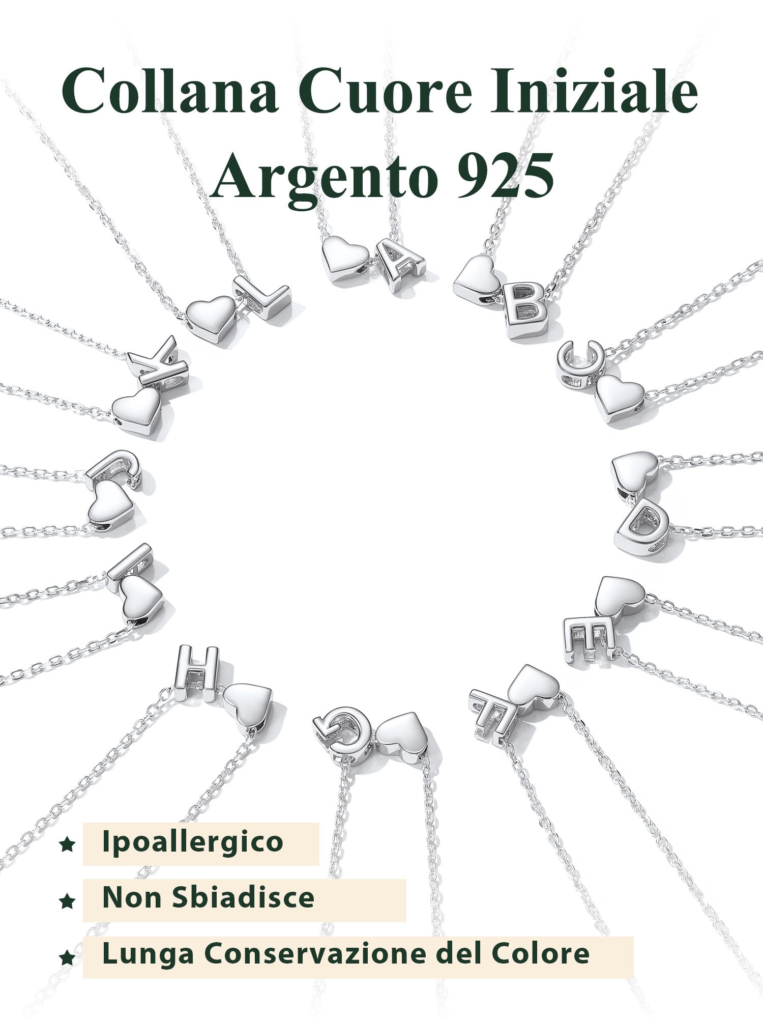 ChicSilver Collana Argento 925 Donna, Collana Donna Argento Oro Cuore con 26 Iniziale Lettera A-Z Lunga 41+5CM, Ciondolo Lettera Ragazza Amicizia Idee Regalo per Compleanno Anniversario Natale