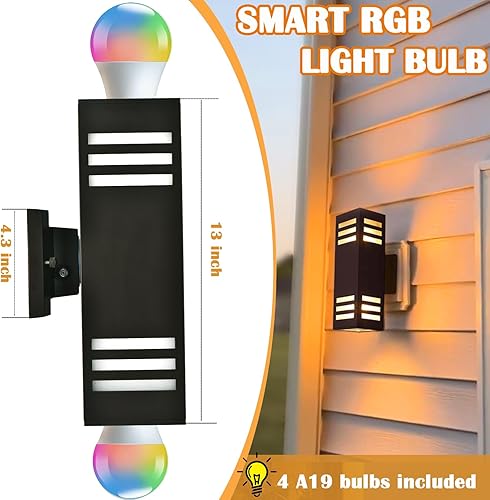 Miniatura 2 de Luces de pared inteligentes RGB, paquete de 2 lámparas de porche delantero, aplique cuadrado que cambia de color al aire libre con base E26, luces
