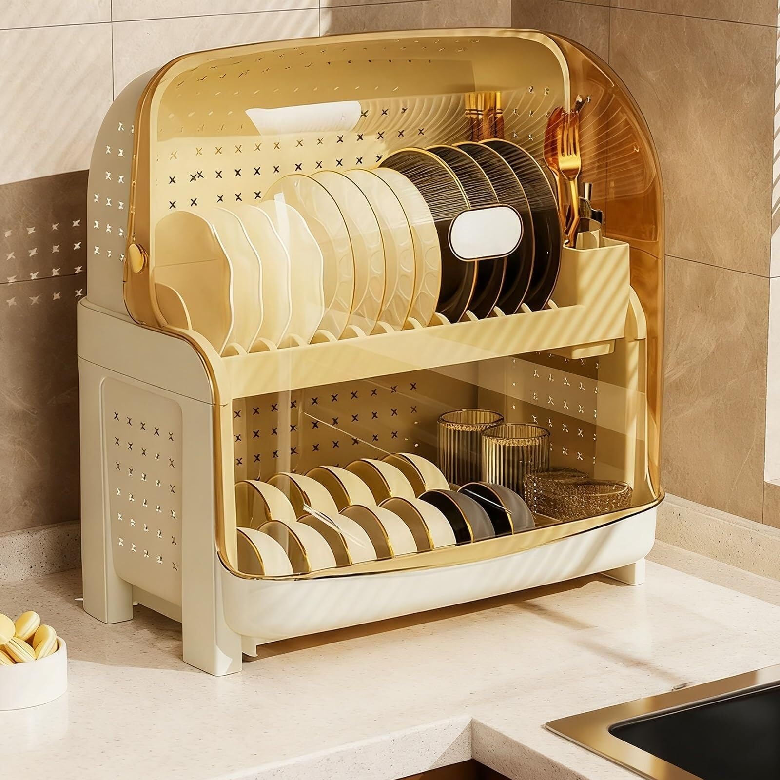 HONKERW drying rack Dish Drying Rack with Dust Cover and Removable Drainer Board,2 Tier Plastic Dish Rack,Tableware Tray Cutlery drainer(Gelb)