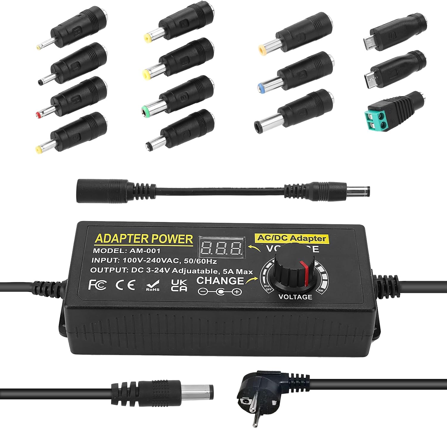 120W Universal Einstellbares Netzteil Adapter 100V-240V AC to DC 3V-24V 5A Konverter Netzteil, Einstellbarer Netzadapter mit 14 Tipps & Polaritätskabel-5A Max