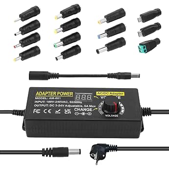 120W Universal Adjustable Power Supply Adapter 100V-240V AC to DC 3V-24V 5A Converter Power Supply Adjustable Power Adapter with 14 Tips & Polarity Cable 5A Max
