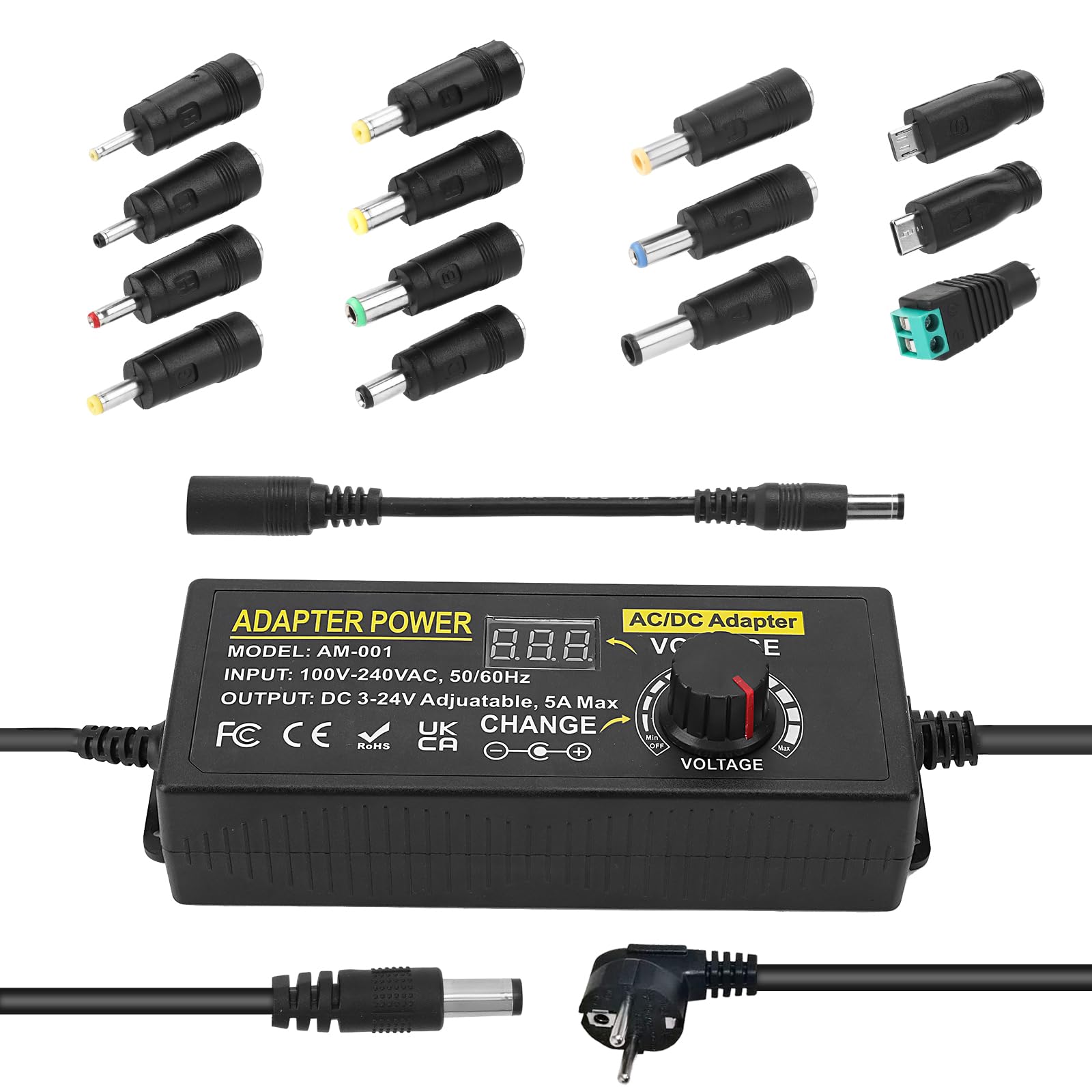 5A 120W Adaptador de Corriente Ajustable,Adaptador Universal de Corriente AC/DC 3V~24V Ajustable, Convertidor de 100V-240V AC a DC con 14 Puntas y Cable de polaridad de Corriente-5A Máx