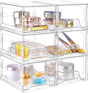 6 Pack Stackable Makeup Organizer, 4.4'' Tall Acrylic Bathroom Makeup Organizer and Storage Drawer with Pull-out Handle, Clear Plastic Storage Bins for Vanity,Pantry,Desk,Undersink,Kitchen