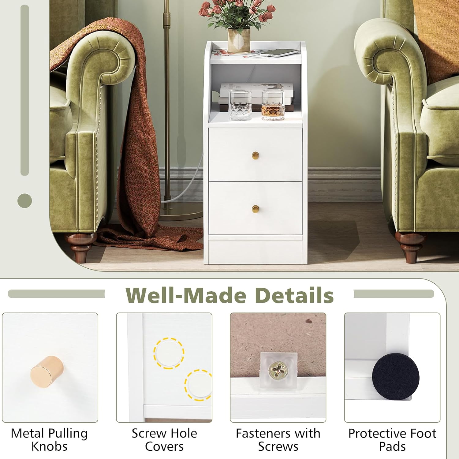 Close-up images of KOMFOTT Side Table details: metal pulling knobs, screw hole covers, fasteners with screws, and protective foot pads.