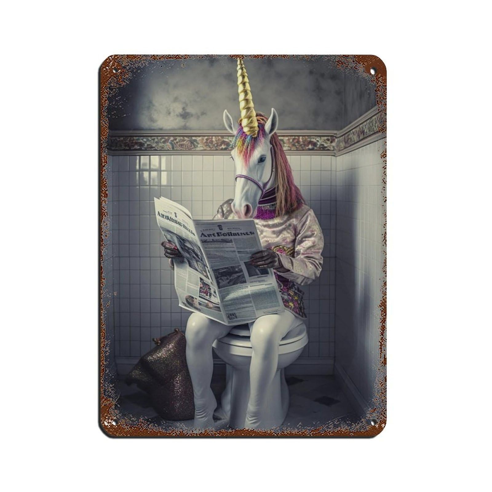 Unicorn Sitting on The Toilet Reading A Newspaper (2) Tin Sign Vintage Metal Pub Club Cafe Bar Home Wall Art Decoration Poster Retro 12x16inch(30x40cm)
