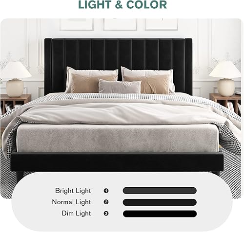 Miniatura 6 de IMUsee Base de cama tapizada de terciopelo de tamaño matrimonial con cabecero, listones de madera fuertes, somier opcional, base de colchón, fácil