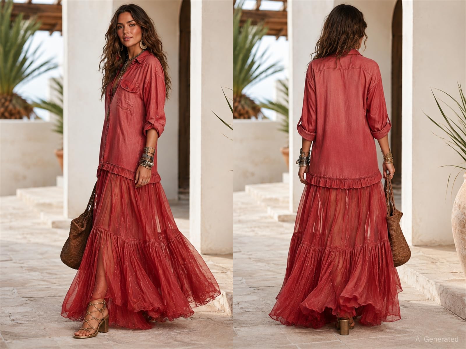 Vestido largo vintage de mezclilla sintética para mujer, cuello de manga larga, botones, escalonado, gasa, acampanado, casual, vestido camisero 2026