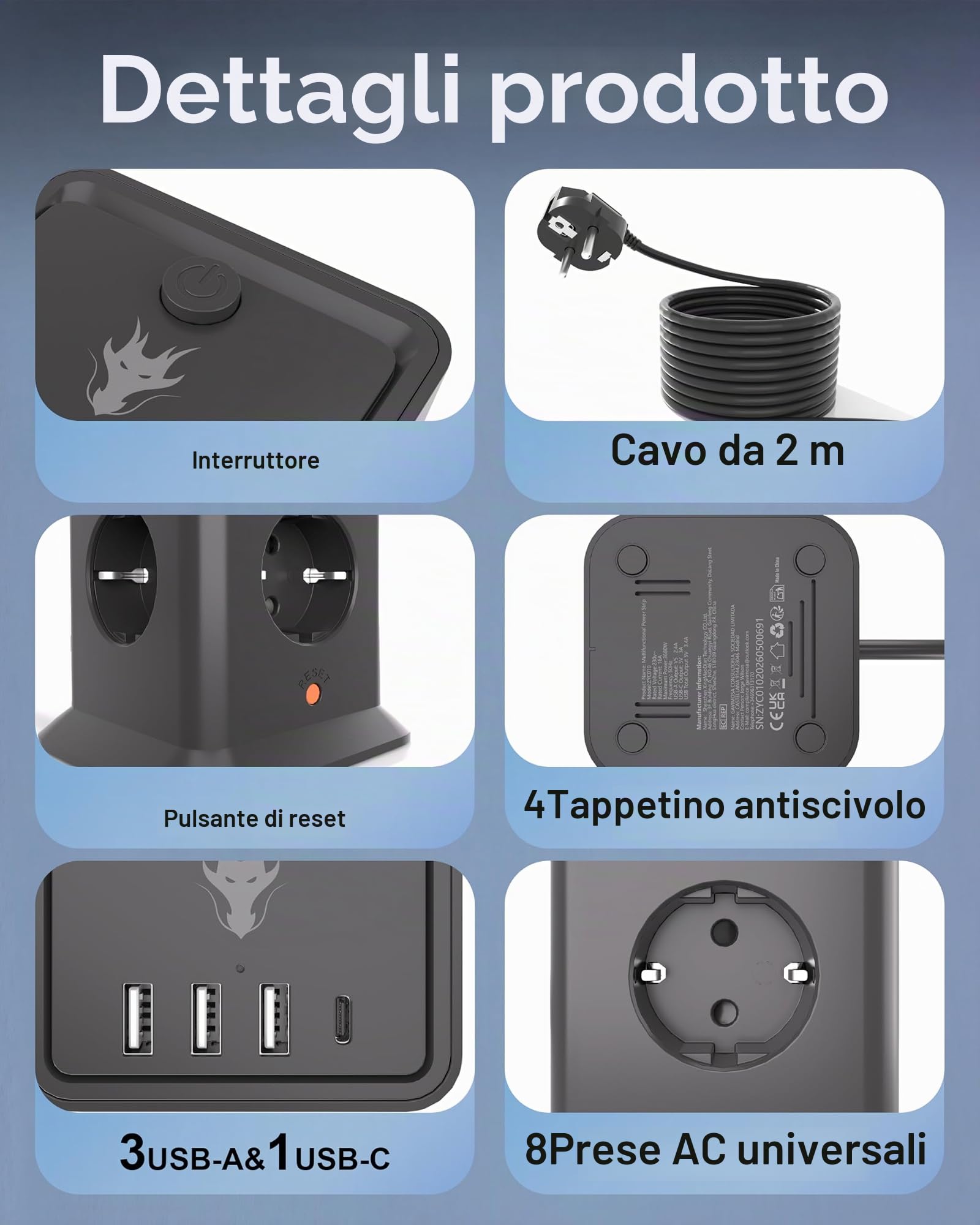 Multipresa a Torre Multifunzione con Interruttore, Parafulmine e 8 Prese Secteur e 4 Porte USB (Incluso 1 USB-C) 5V/3.4A Power Strip, 3680 W/16 A, Ideale per l'Ufficio, il Salone o la Camera 2M Nero