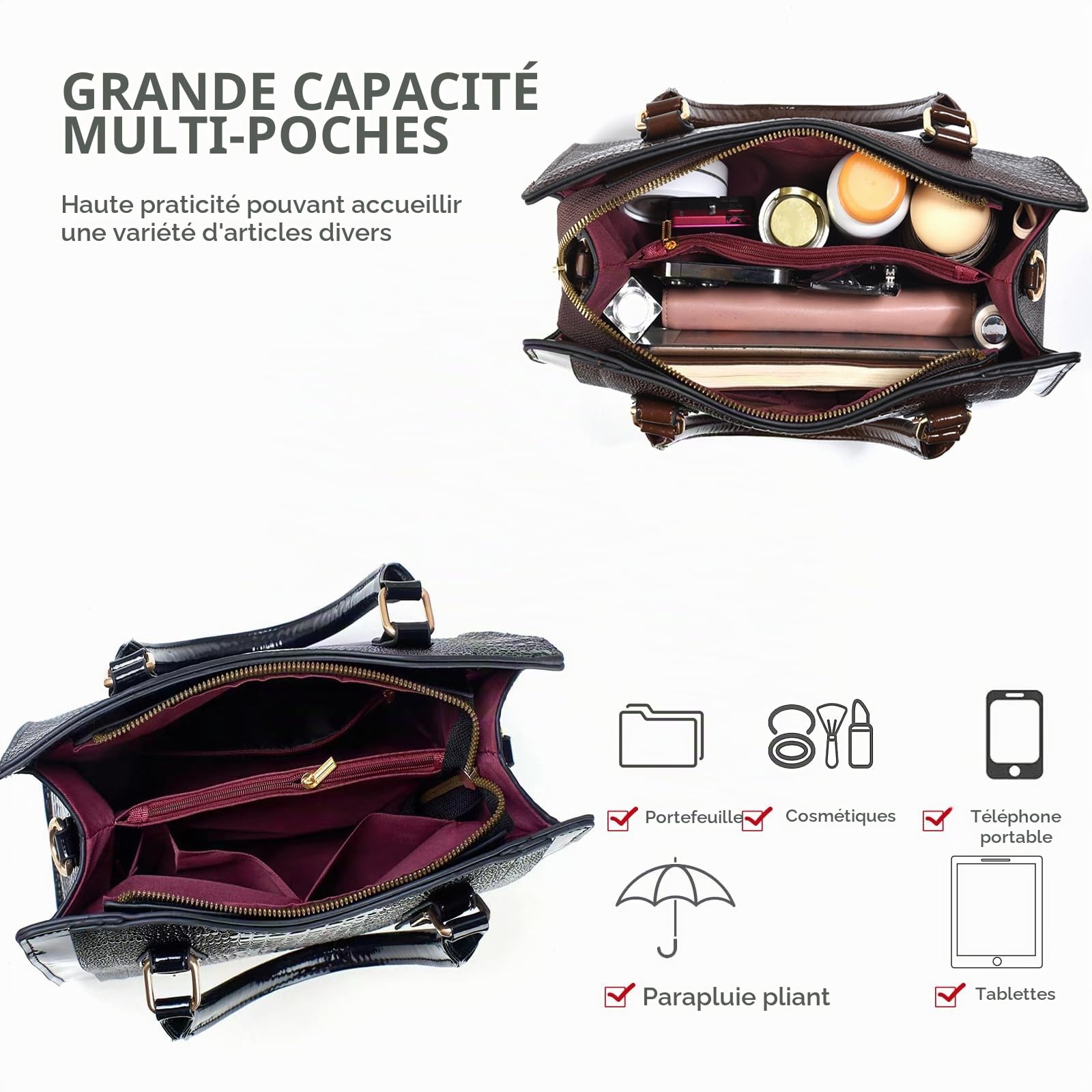 NICOLE & DORIS Sac à Main Femme Sac Fourre Tout Moyen Sac Bandoulière Cuir Verni Sac D'épaule Sac Ensemble avec Portefeuille pour Travail Shopping Voyage