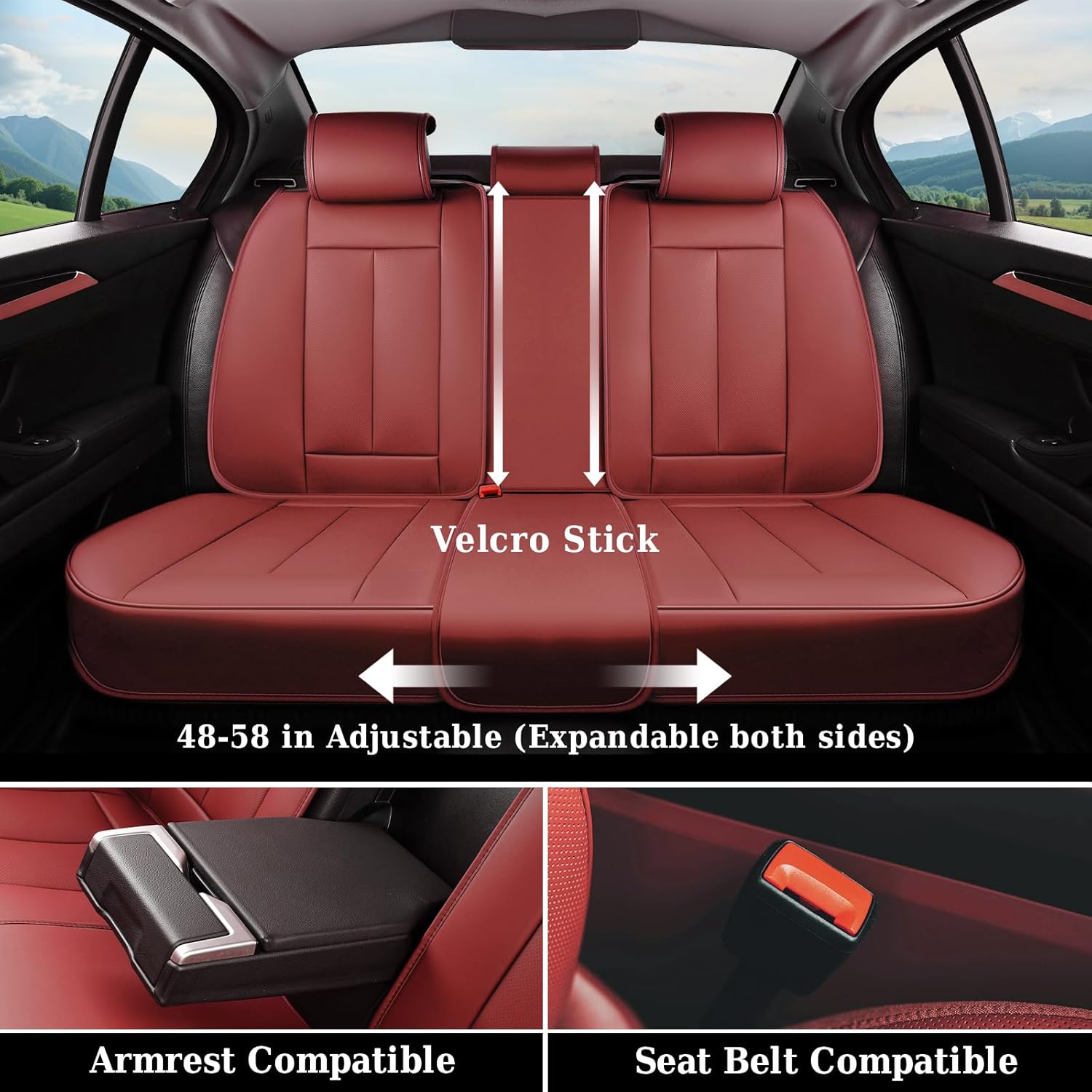 Coverado Universal Seat Covers Full Set, Universal Seat Covers for Cars, 5 Seats Waterproof Nappa Leather Car Seat Covers with Head Pillow, Auto Protectors Fit for Most Sedans SUV Pick-up Truck-Red