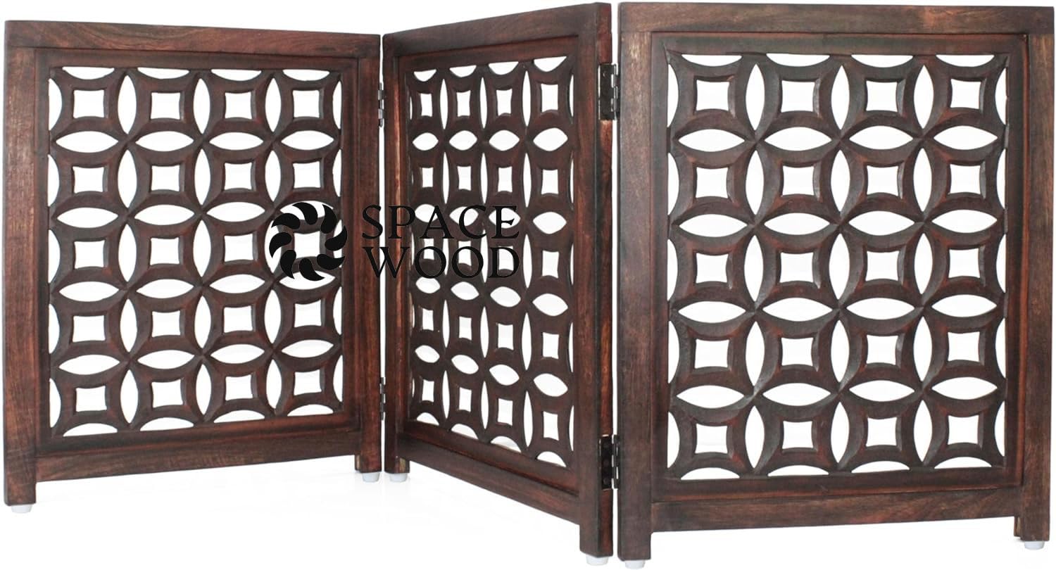 SPACE WOOD Wooden Foldable 2FT Partition, Room Divider, Wall Panel, Screen Best for Home and Kitchen Living Room and Safety Pet Fence Gate Partition for Kids & Dogs (3 Panel Brown) (3 Panel Design 5)-image-13