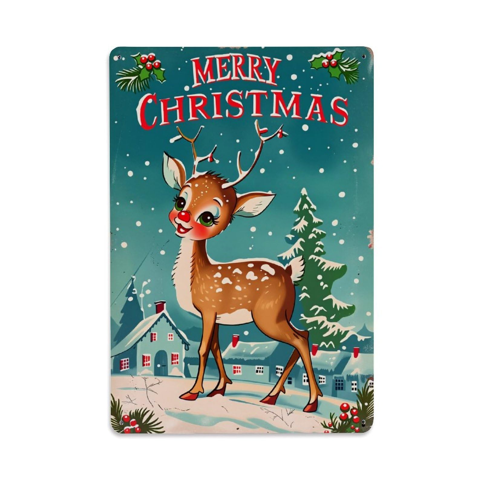 Merry Christmas Reindeer Snowy Village Vintage Tin Sign Retro Metal Wall Decor Metal Poster, Home Bar Garage Farmhouse Cafe Wall Art Decoration 8x12Inches