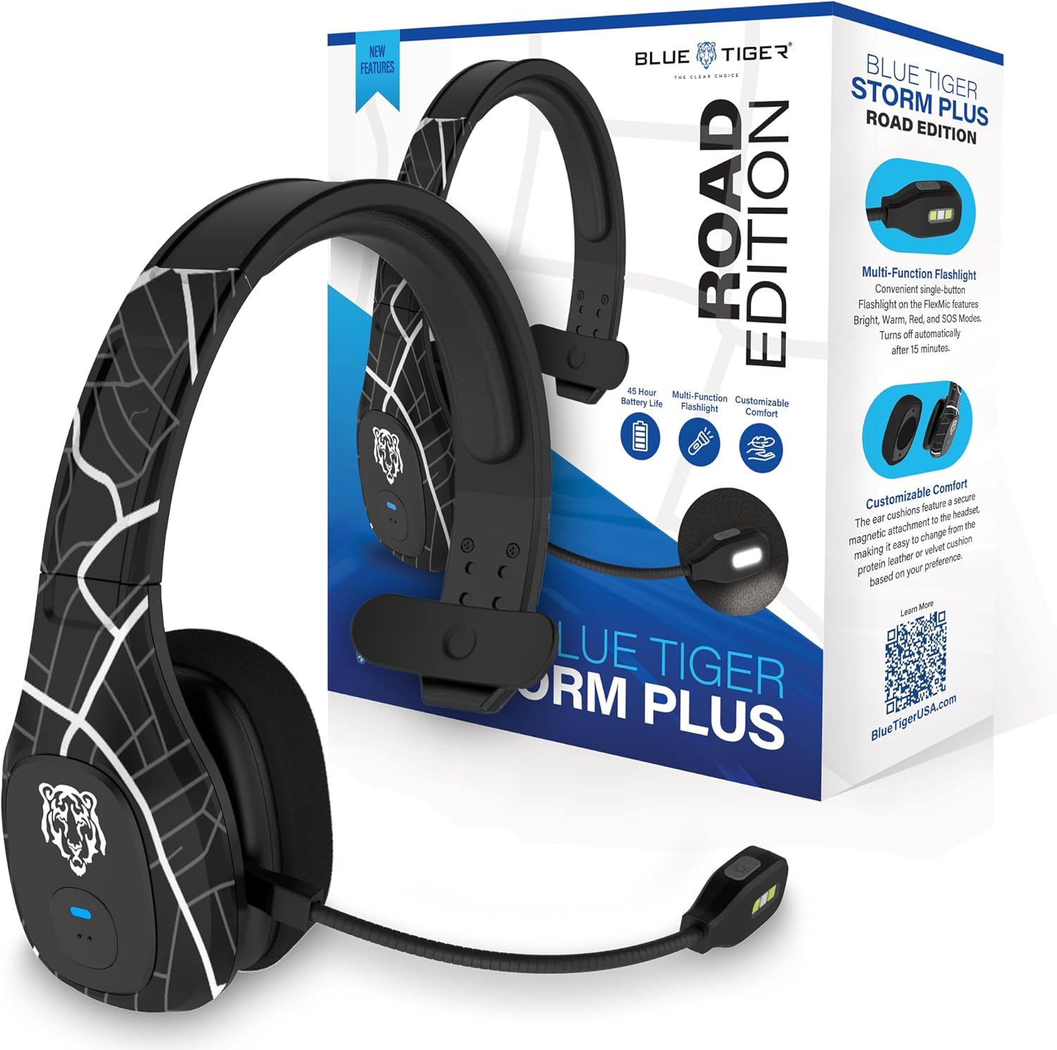 Blue Tiger Storm Plus Road Edition-Premium Trucker Bluetooth 5.2 Headset-Wireless Noise Canceling Mono Headset with Mic-High-Fidelity Sound,45-Hour Talk Time, USB-C Charging-for Truck Drivers
