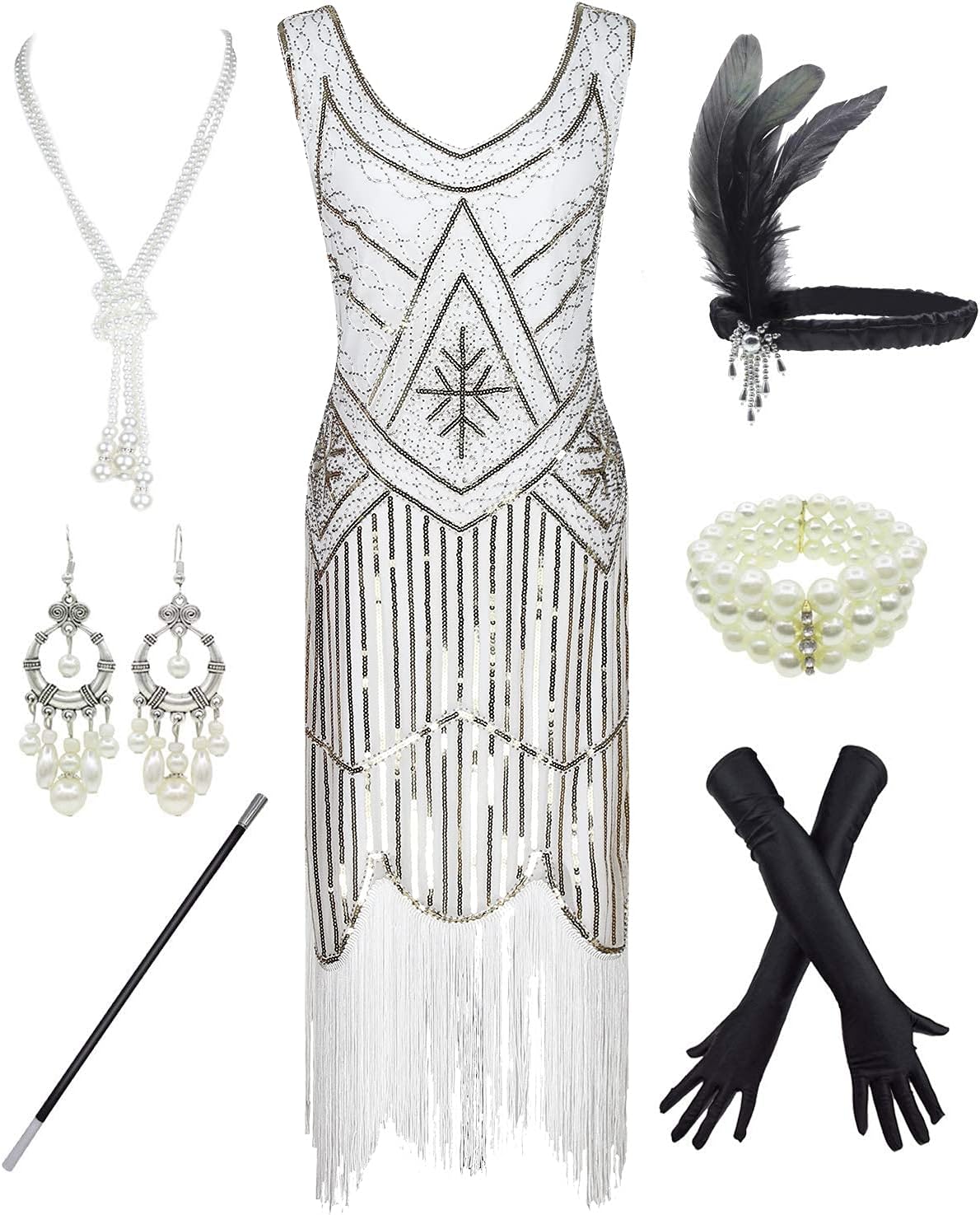 1920s Gatsby Sequin Fringed Paisley Flapper Dress with 20s Accessories Set (2.