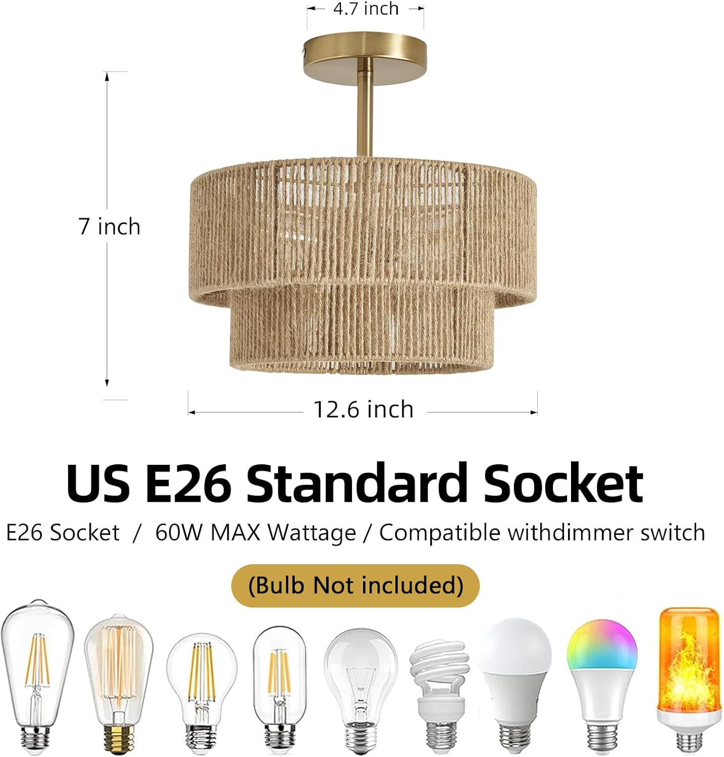 Boho Semi Flush Mount Ceiling Light Gold Rattan Ceiling Light 12.6" Farmhouse Ceiling Lamp with Natural Hemp Rope Lampshade for Dining Room Living Room Bedroom Kitchen