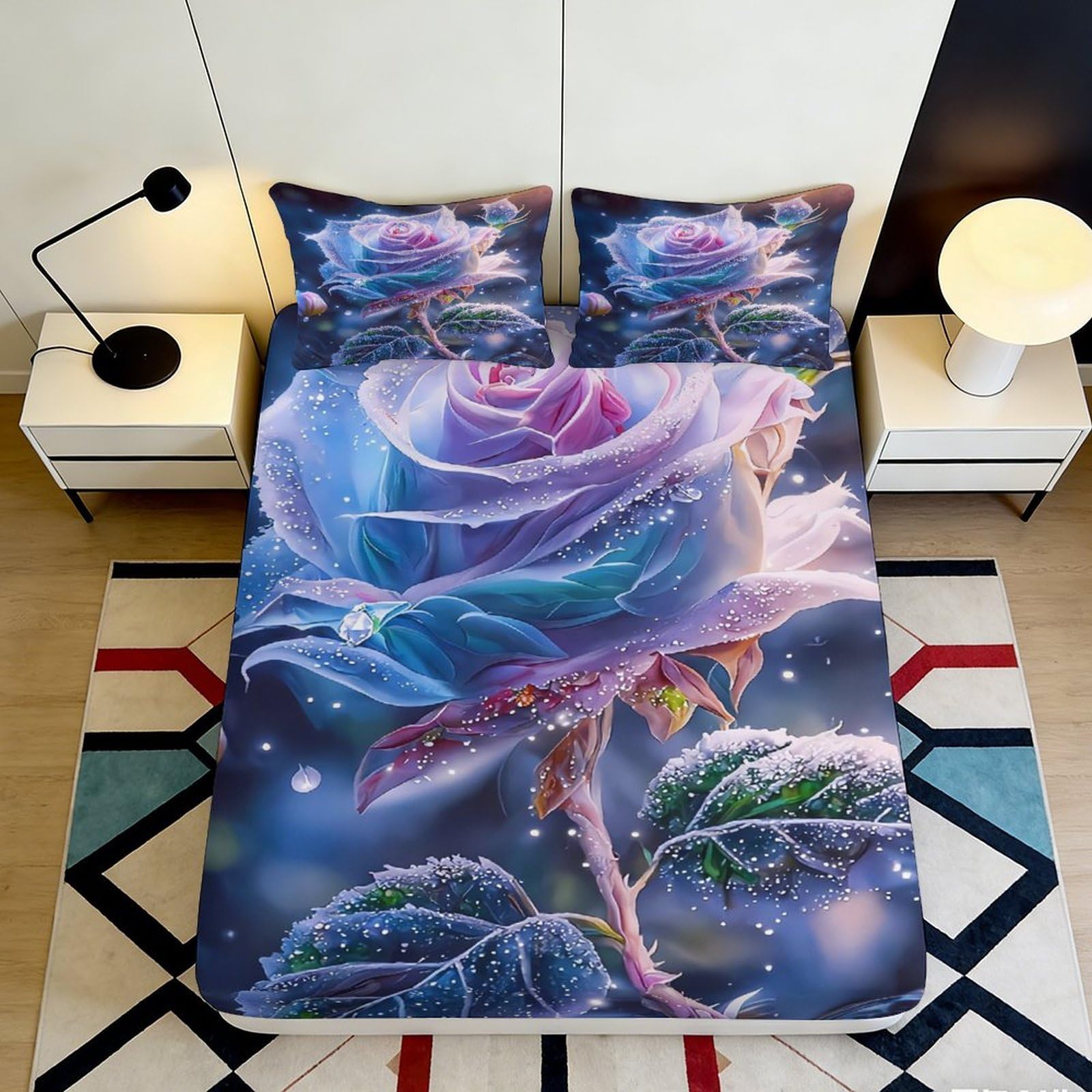 3D Printed Rose Fitted Sheet Microfiber Deep Pocket Non-Slip Bedroom Bedding Rose Mattress Fitted Cover for Adults Teens Washable Full Wrap Elastic Hem 200x200x25cm
