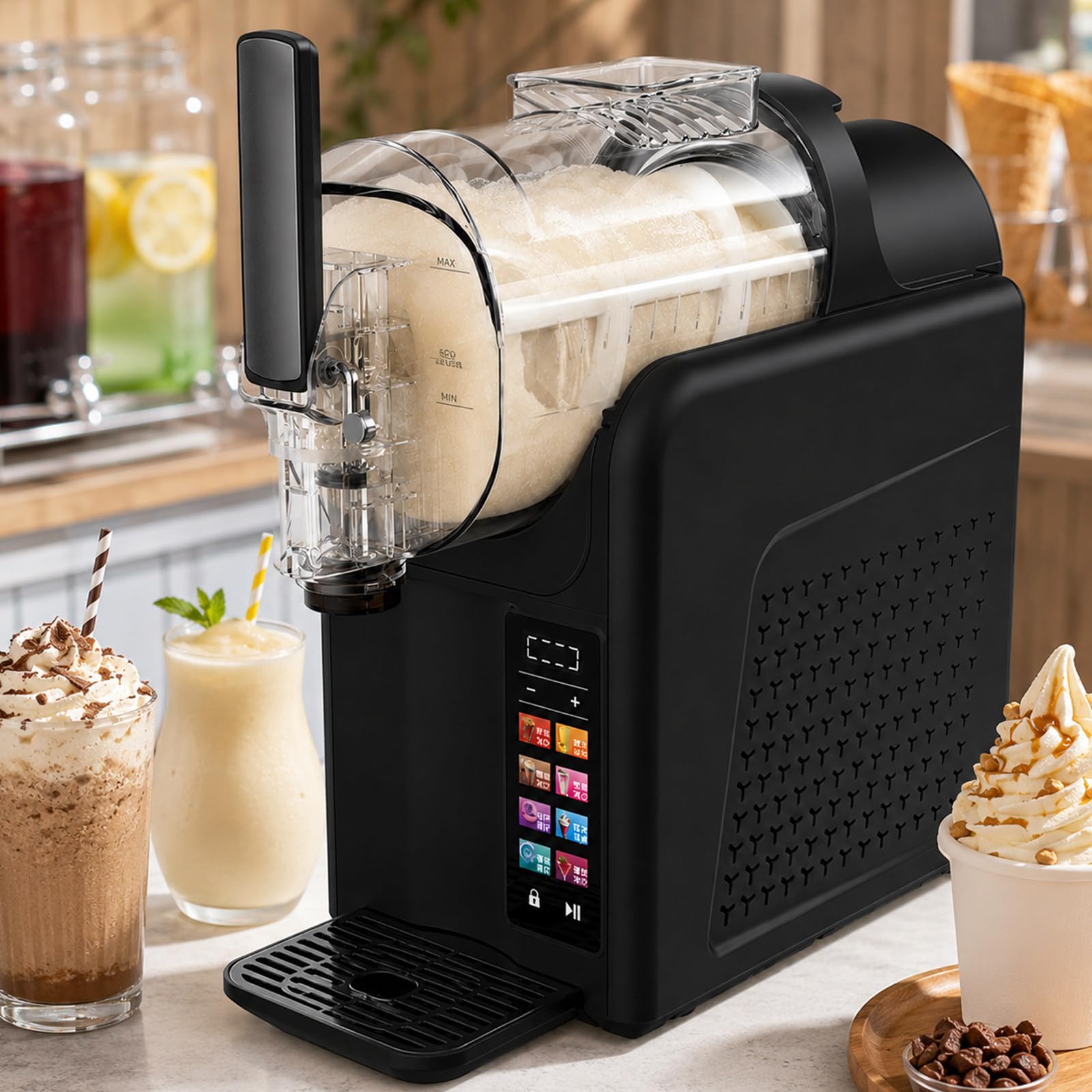 lilishangmao Countertop Iced Drink Maker – 7 Presets, One-Button 360° Rotary Cleaning, 185W 2L Soft Serve Ice Cream Machine, Make Milkshakes, Sorbets, Chilled Drinks, No Ice Needed Black