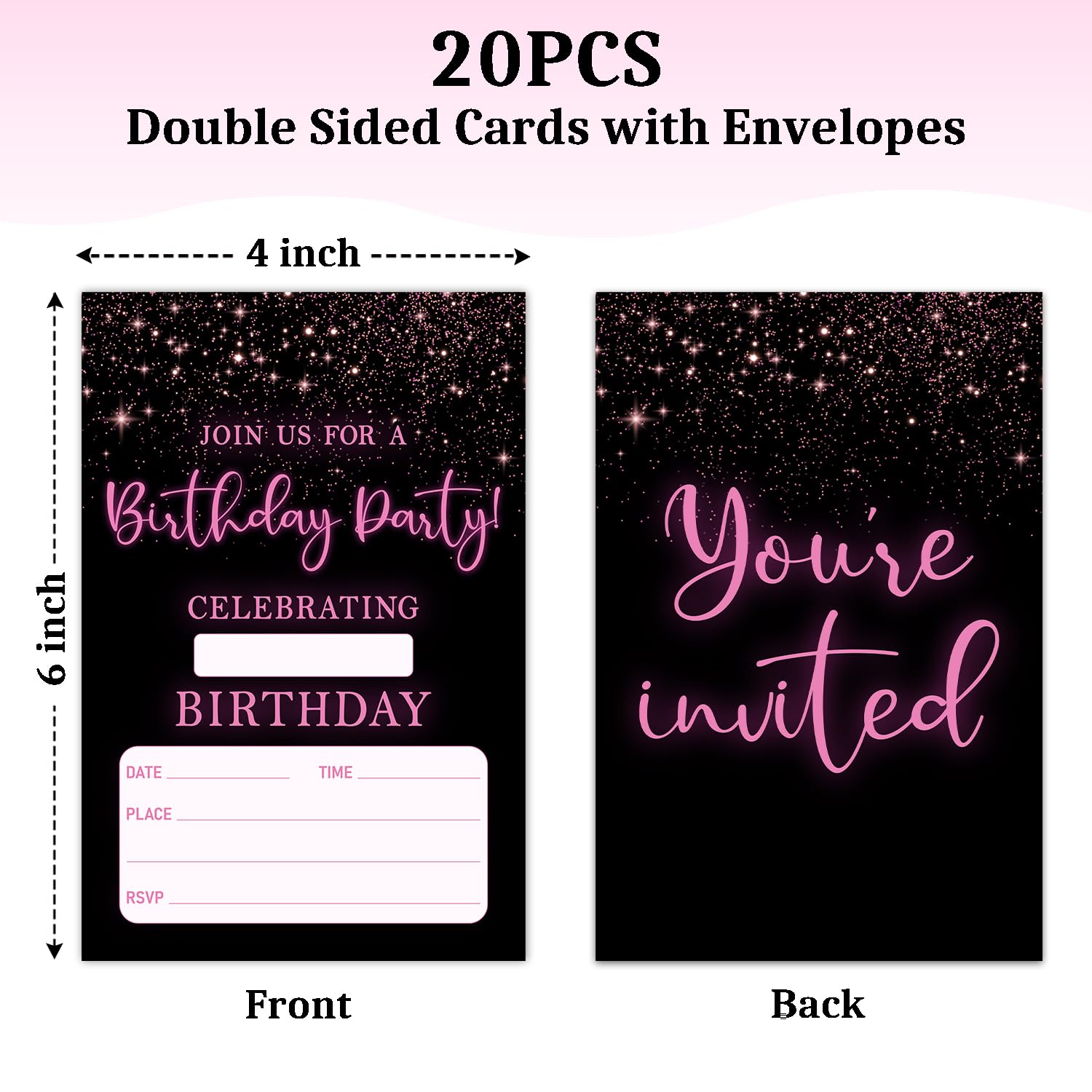 Zgogy Black Birthday Party Invitation Cards, Pink Glitter Birthday Invites For Women, 20 Pcs 4x6 Inch Birthday Party Supplies Decorations Party Favors Birthday Party Invitations with Envelopes -10