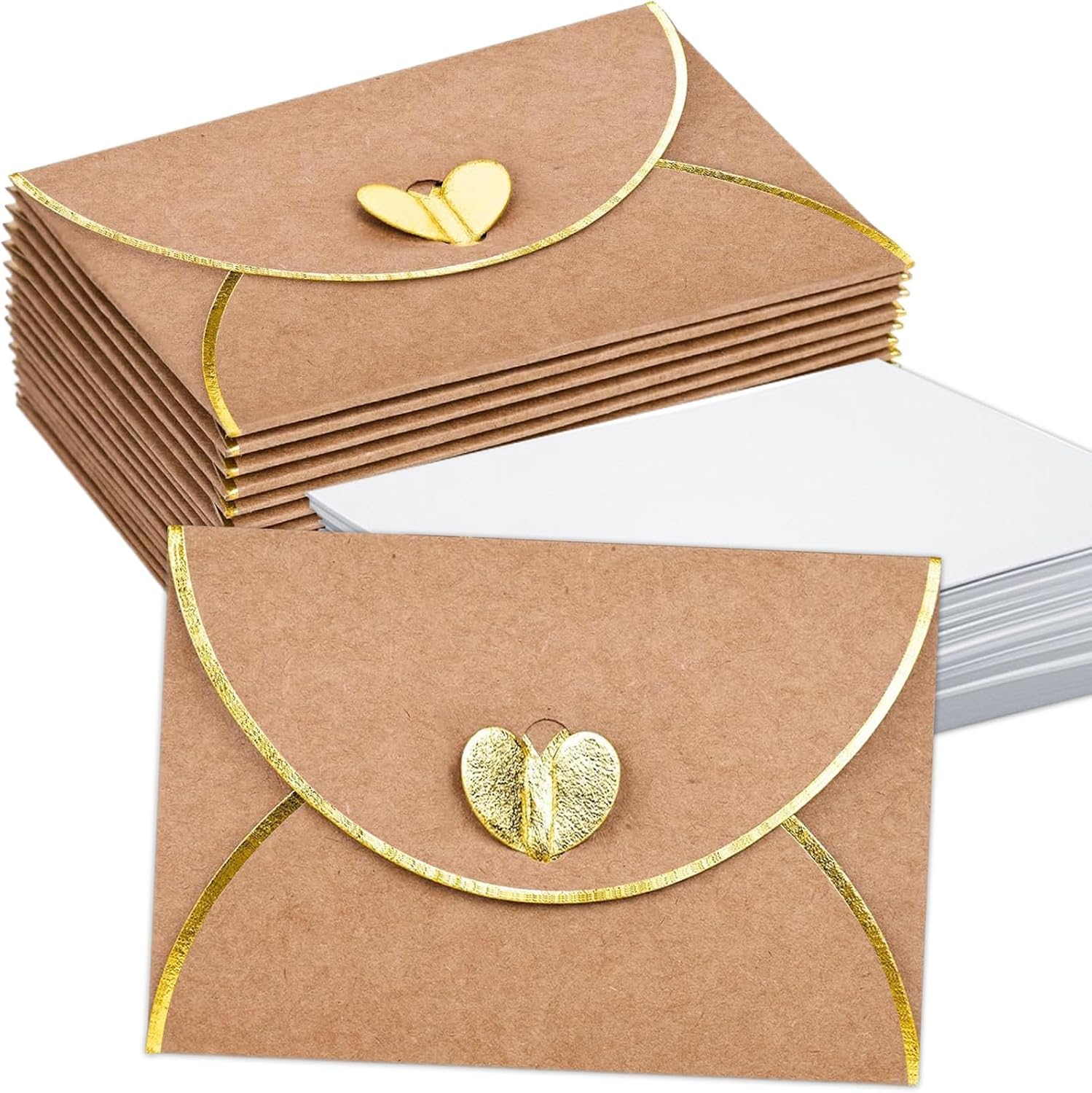 30 Pcs Mini Envelopes with Gold Heart Clasp, Blank Card Included, Ideal for Wedding, Birthday and Graduation Greeting Cards