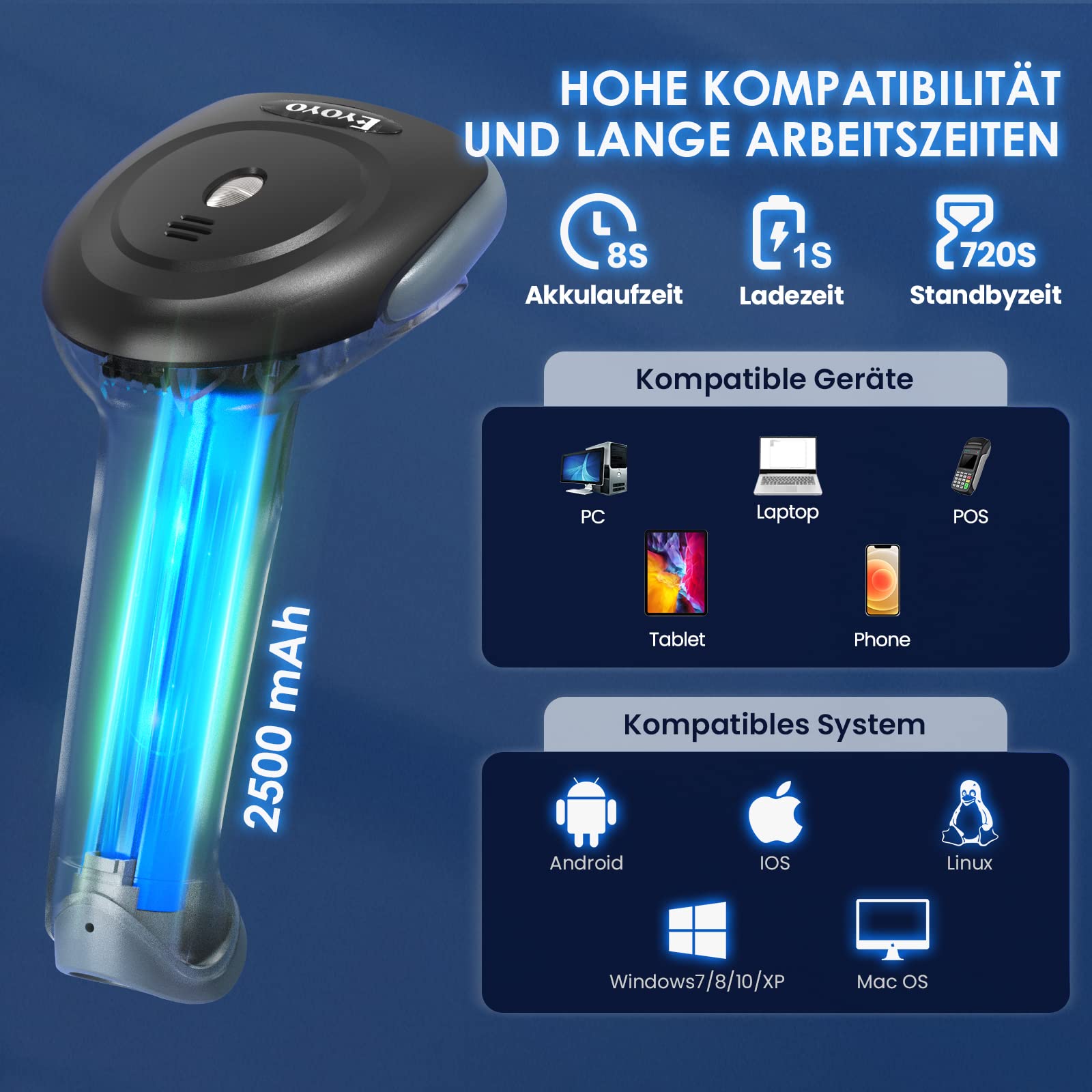 Eyoyo Barcode Scanner 1D 2D QR Handheld, Scanner 3 in 1 Connection Type Bluetooth 2.4G Wireless USB Cable, Barcode Reader,Compatible with Windows, Android, iOS, Tablets or Computer (EY-034 with Stand)