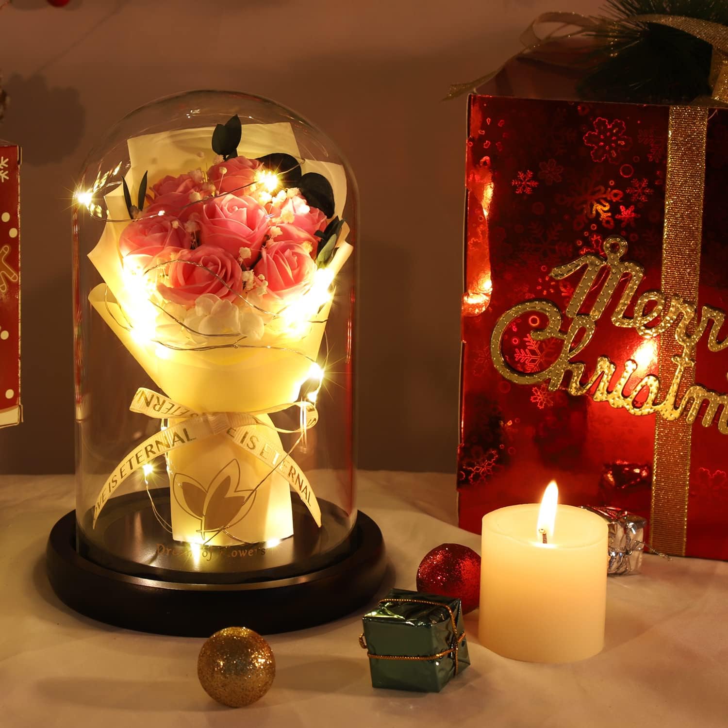 Beauty and The Beast Rose,Lasts Forever Pink Roses,Light Up Rose in Glass Dome,Gifts for Women,Birthday Gifts for Mom,Wife,Grandma,Anniversary,Mothers,Thanksgiving,Christmas Flowers Gifts - Image 8