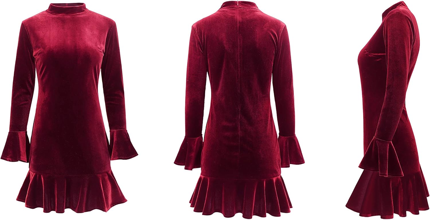 R.Vivimos Women's Winter Long Sleeve Velvet Ruffles Bodycon Mini Dress - Image 4