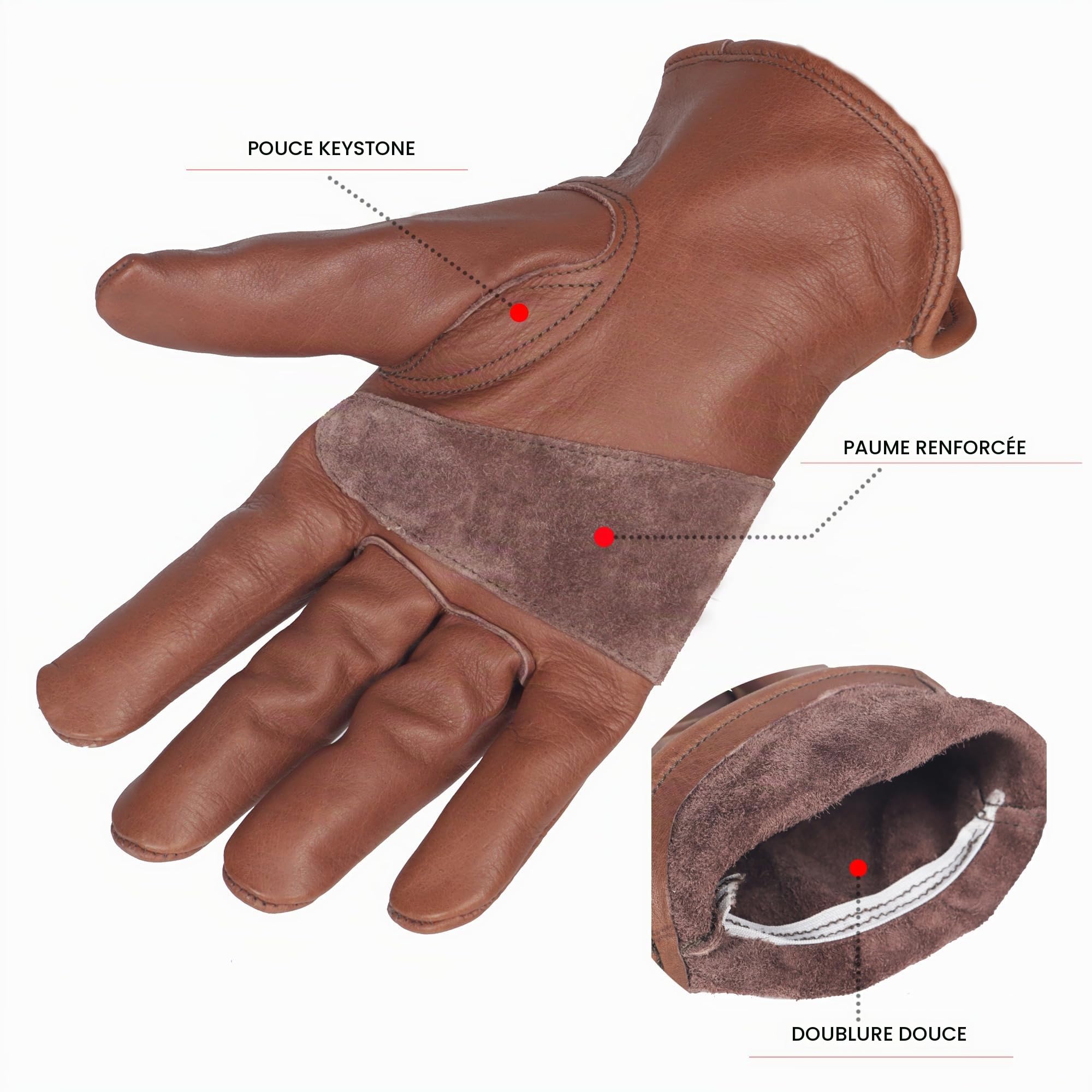Gants de travail rétro en cuir pour la construction, la cour, le jardinage, avec paume renforcée pour homme et femme (Marron, L)