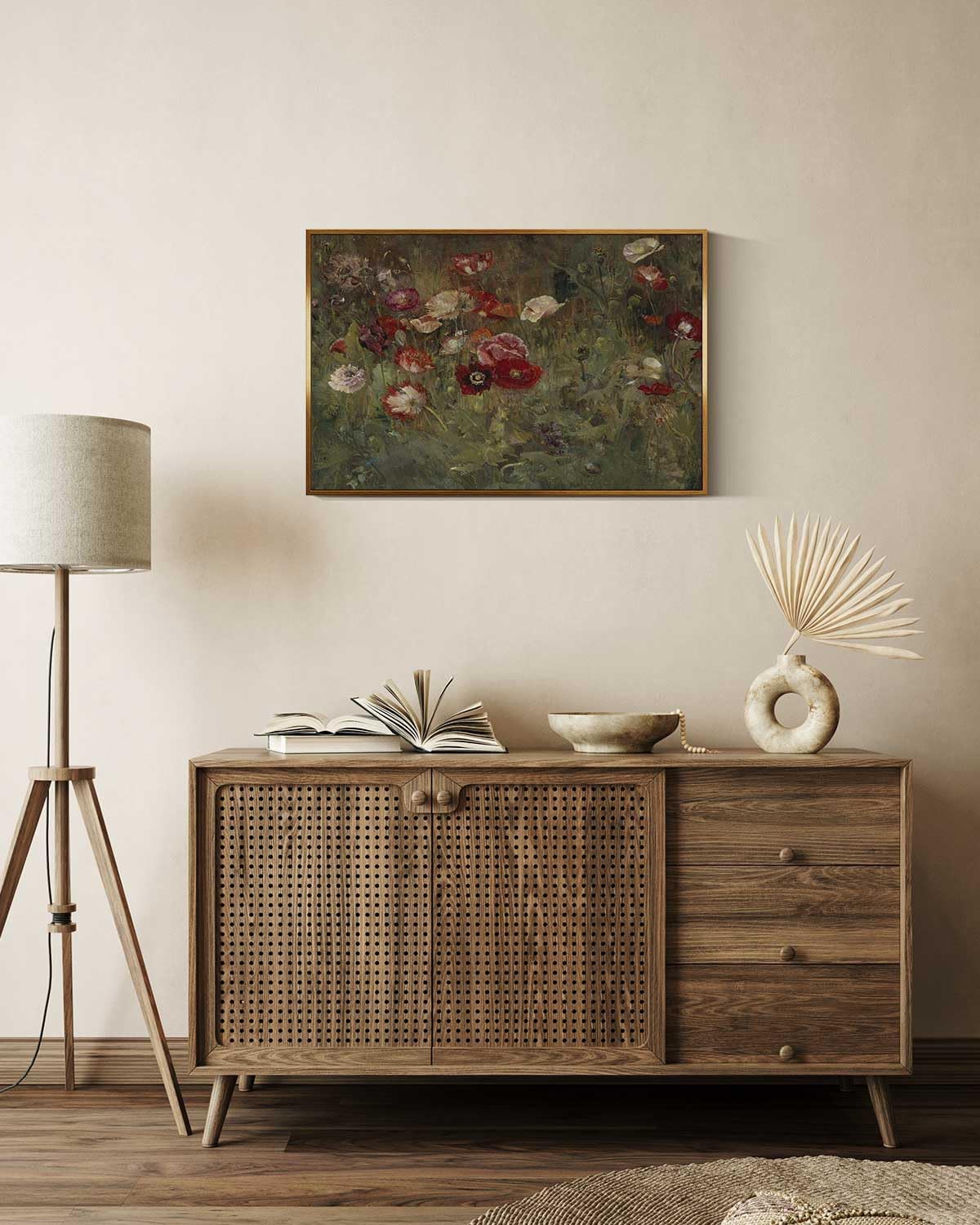 insimsea golden framed vintage canvas wall art a bed of poppies red flower field landscape painting 16x24 inch, classic floral botanical country print, moody rustic farmhouse garden wall decor a bed of poppies 24"l x 16"w