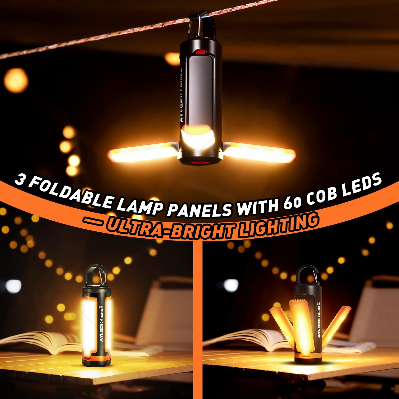 AYL - Lanterna portatile da campeggio ricaricabile a LED, leggera, ricaricabile tramite USB, torcia a LED, attrezzatura di sopravvivenza per casa, luce di emergenza, per esterni, per interruzioni di