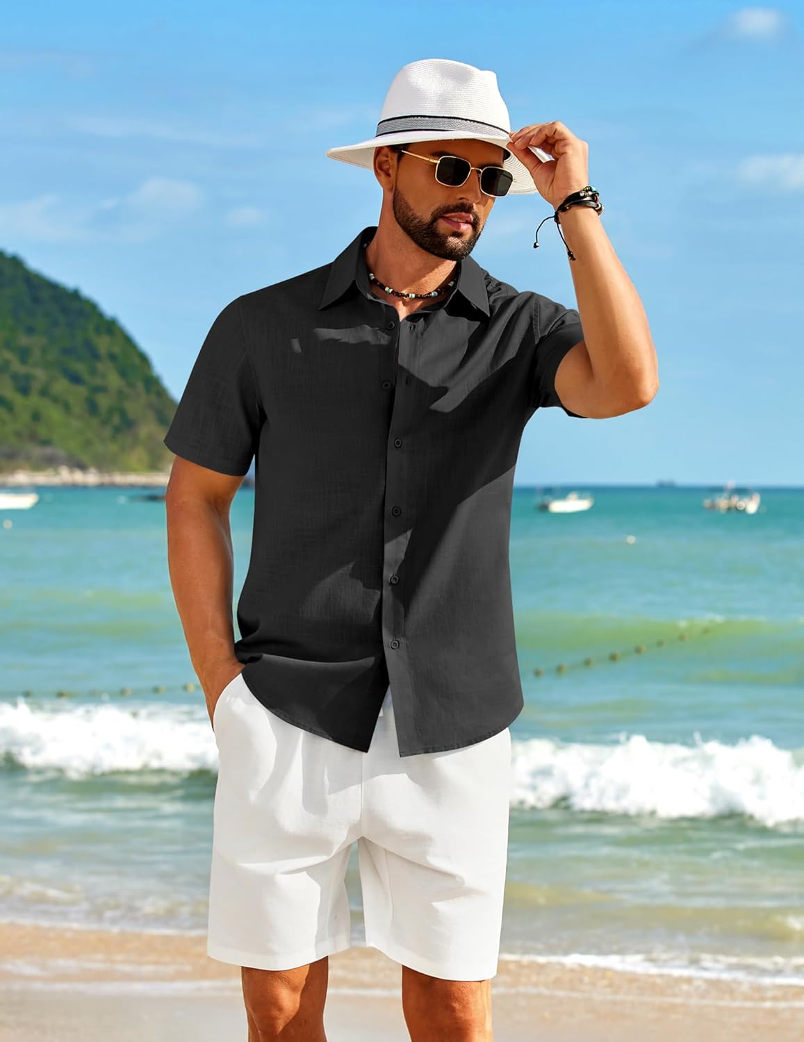 COOFANDY Men's Short Sleeve Button Down Shirt Casual Cotton Shirts Beach Summer Linen Shirts with Pocket - Image 3