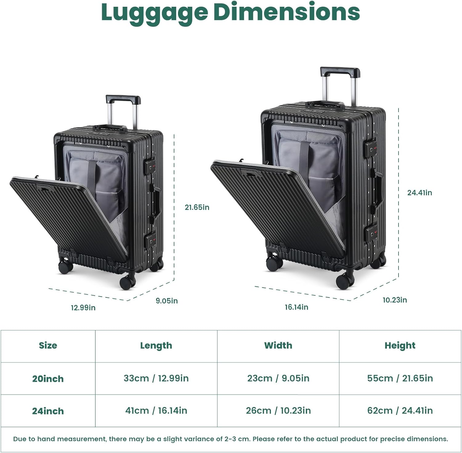 20 Inch Aluminum Frame Carry On Luggage with Front Pocket, USB Port, Phone Holder & Cup Holder, Hard Shell Spinner Suitcase for Airplane Travel, Black