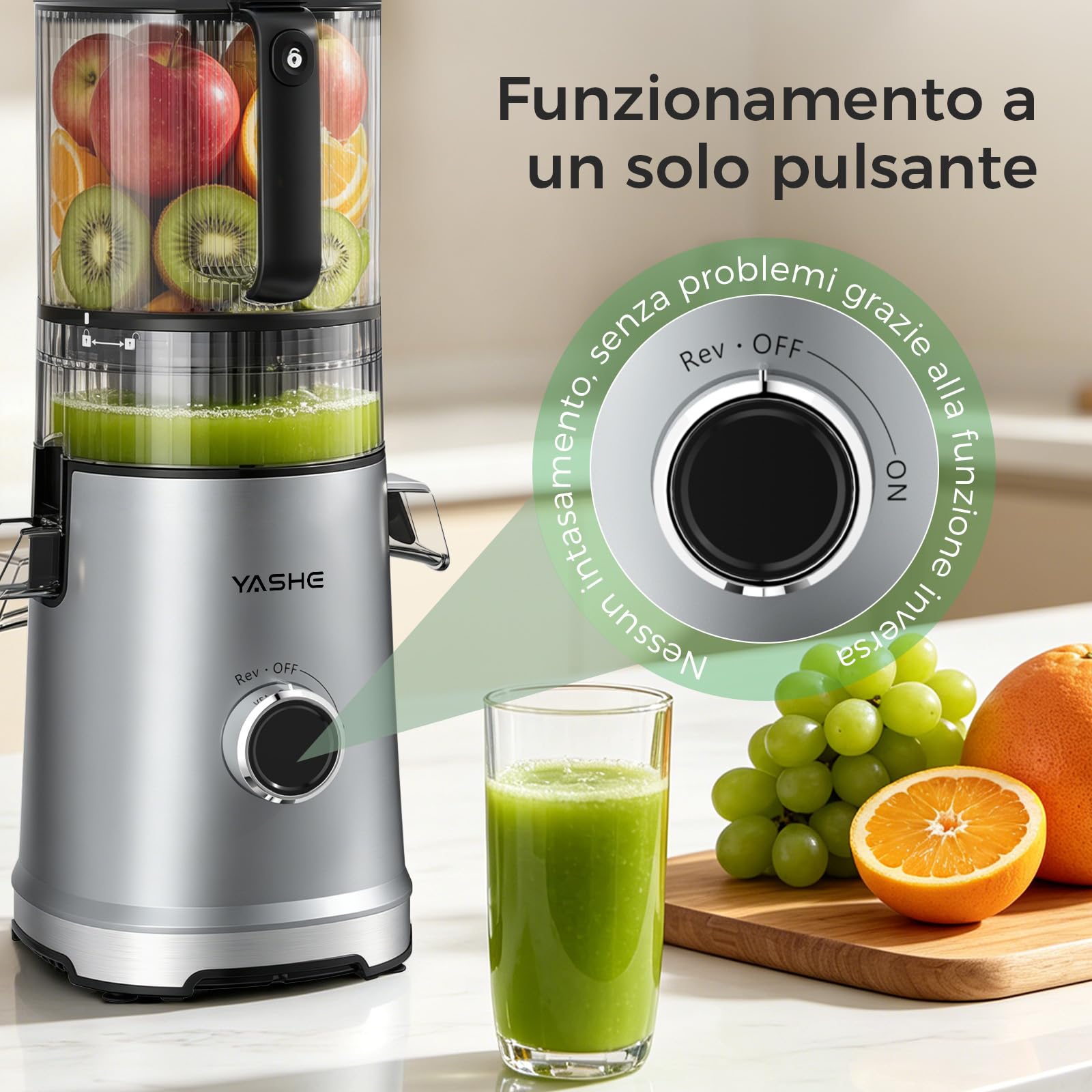 YASHE Estrattore di Succo a Freddo 600W, Bocca Extra Large 152 mm per Frutta e Verdura Intera, 3-in-1 per Succo, Sorbet e Latte Vegetale, Funzione Inversa, Senza BPA, Lavabile in Lavastoviglie