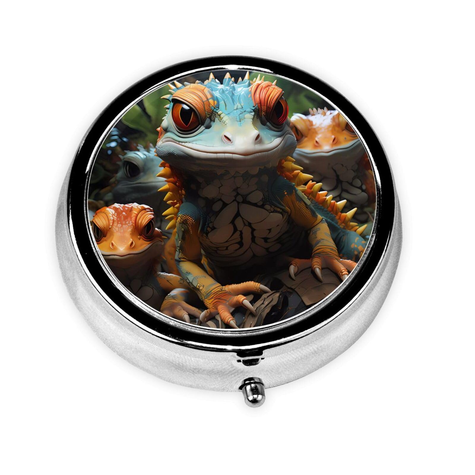 Cute 3-Compartments Round Pill Box Colorful Lizards Small Pill Case Portable Medicine Dispenser,for Pocket Purse