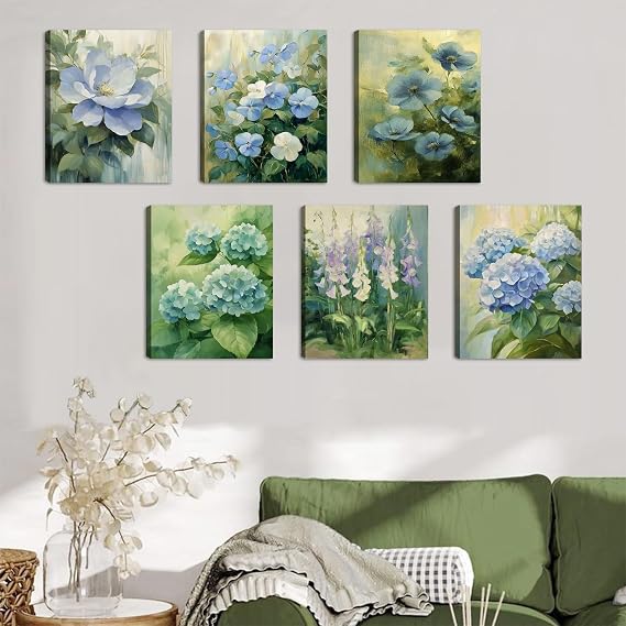 KAIRNE Blue Hydrangea Floral Oil Painting Style Canvas Wall Art 8x10inch x6