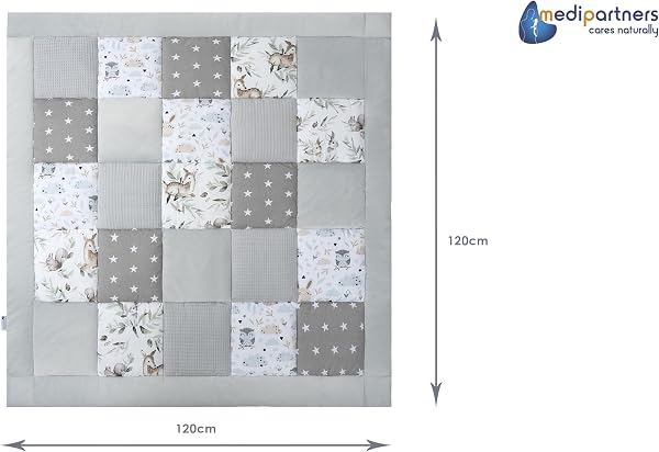 Medi Partners Krabbeldecke für Baby Spielmatte 100% Baumwolle Krabbelmatte - 120x120cm Krabbeldeck Dick Weich Decke Laufgittereinlage Babydecke Minky Waffel Spielbogen (Hirsch in Blättern) - 3