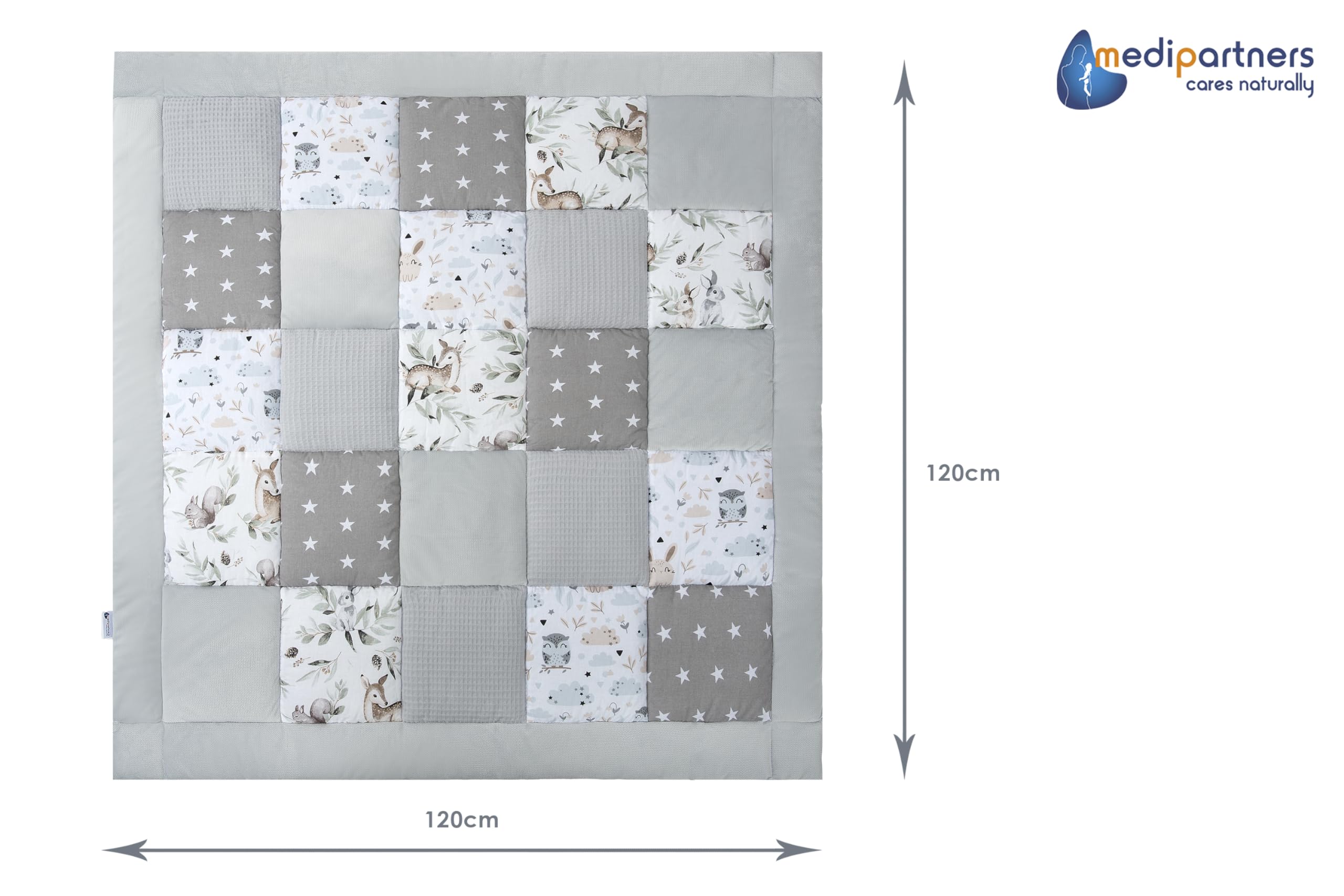 Medi Partners Krabbeldecke für Baby Spielmatte 100% Baumwolle Krabbelmatte - 120x120cm Krabbeldeck Dick Weich Decke Laufgittereinlage Babydecke Minky Waffel Spielbogen (Hirsch in Blättern) - 3