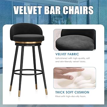 Counter Height Bar Stools, Swivel Bar Stools Set - Bar Stools Set of 2, 360 Swivel Stool Modern Gold Tall Stool with Backs and Black Metal Frame, Kitchen Island Chairs, Seat Height 65cm(Green 2pcs-go