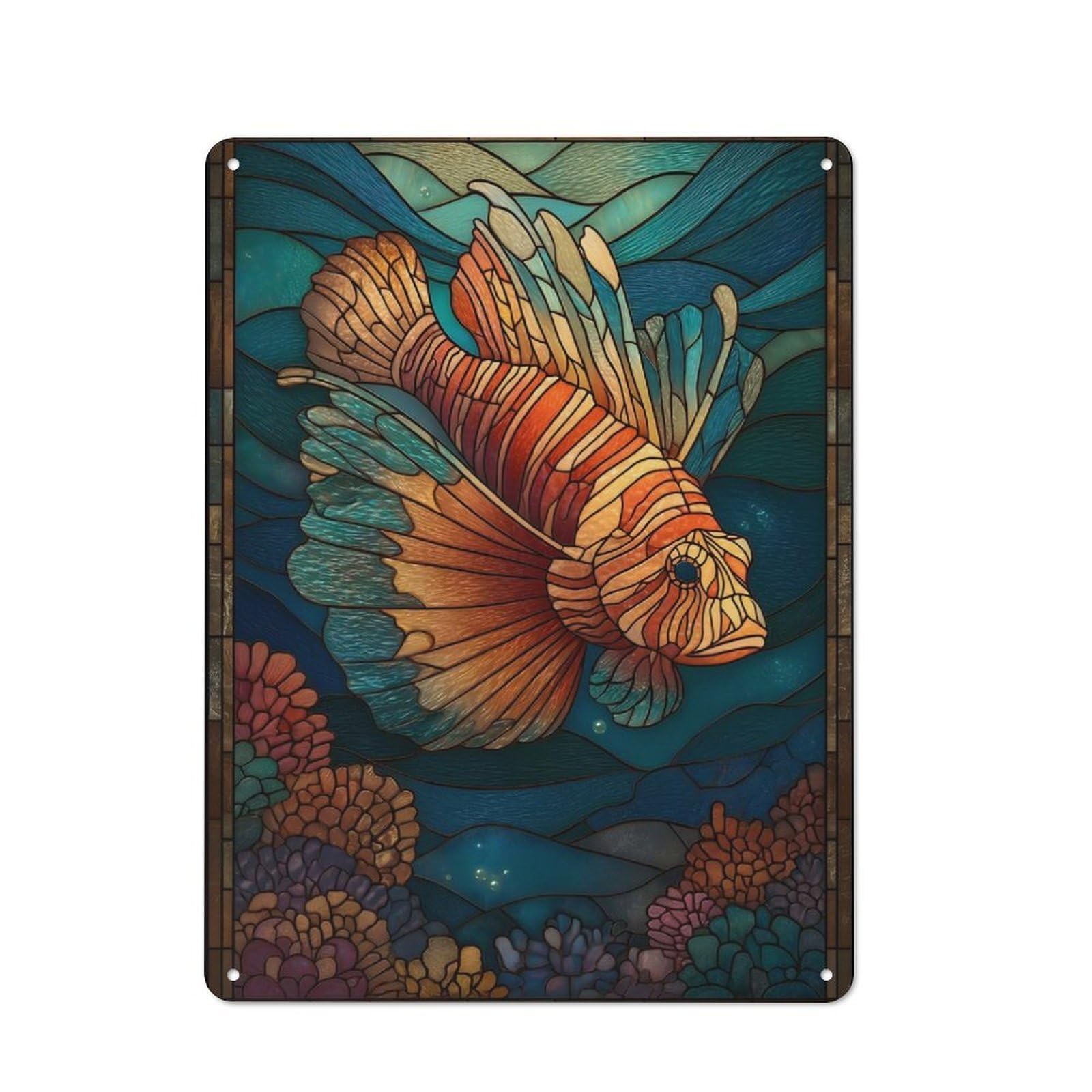 Metal Wall Sign 40x30cm Featuring Stained Glass Lionfish Ocean for Café Or Home Bar, for Metal Sign Collectors, for Garage And Workshop Walls