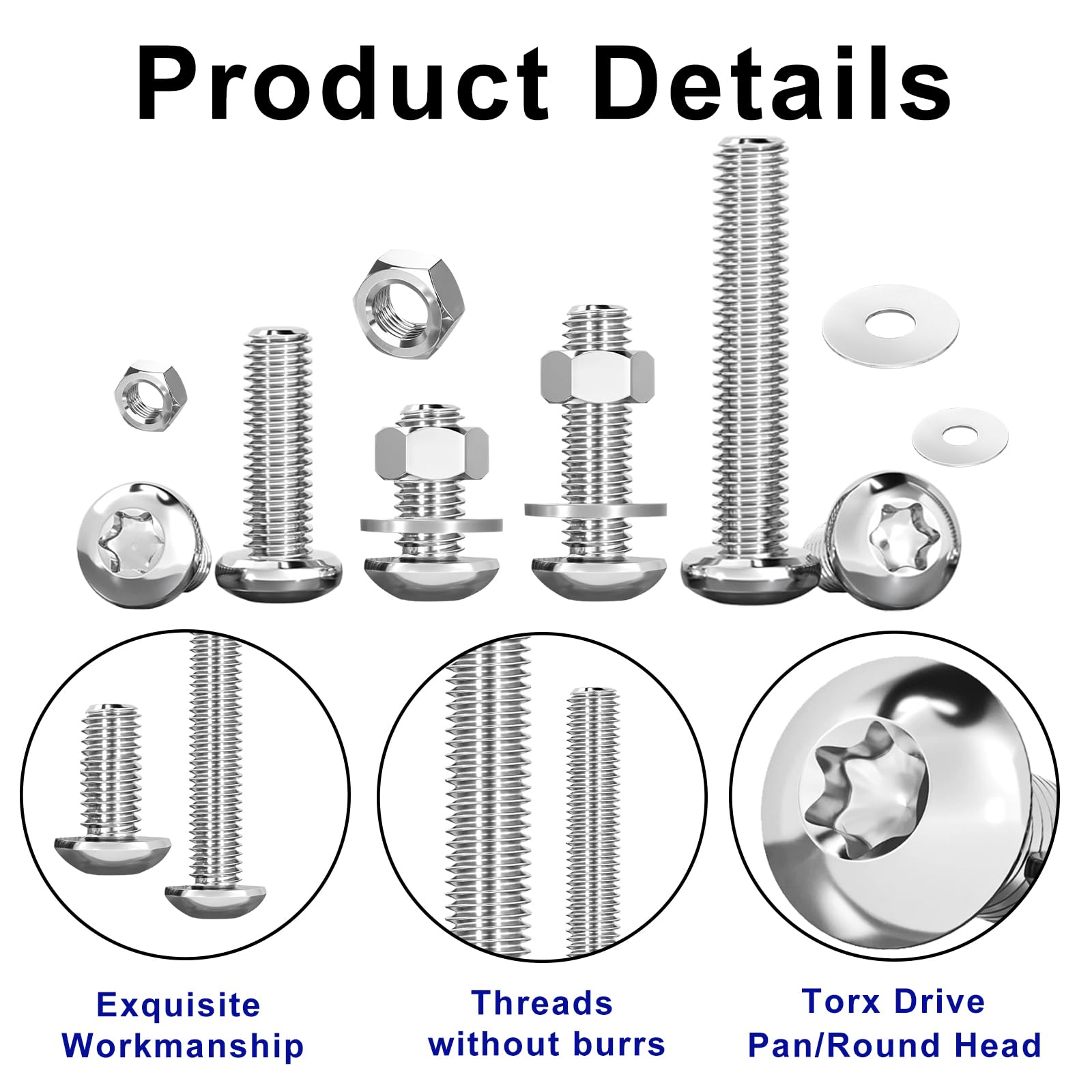 M2 M2.5 M3 Torx Viti per Metallo e Dadi, 900 Pezzi Viti a Testa Rotonda Torx, Bullone e Dadi Rondelle, Bulloni Testa Bombata Completamente Filettati in Acciaio Inox 304.