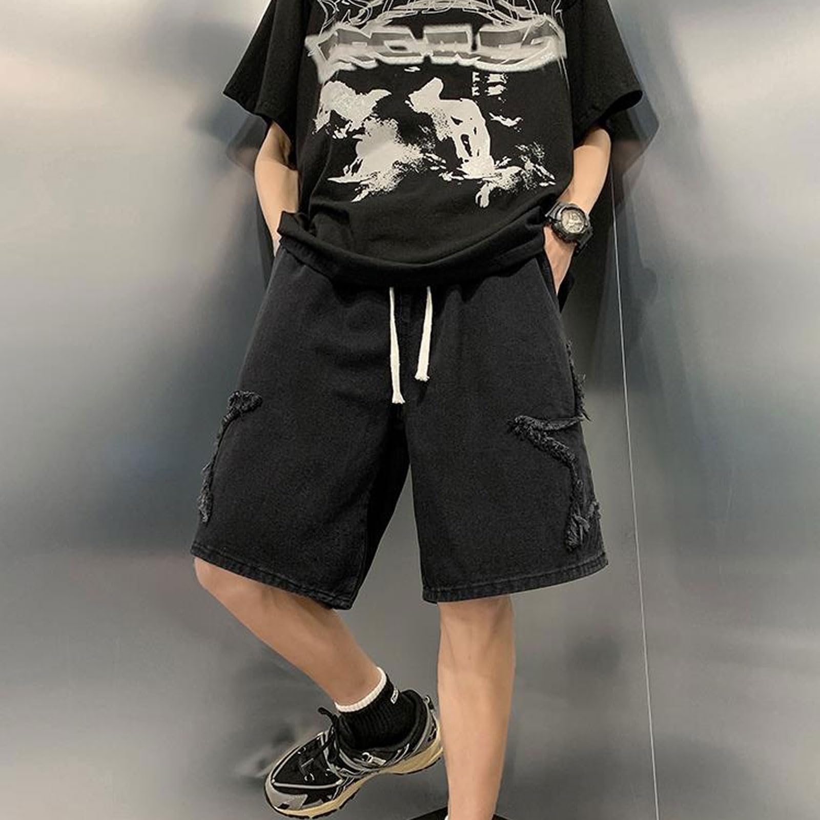 Pantalones cortos de mezclilla bordados Y2K para adolescentes y niños, pantalones cortos de mezclilla con cordón, cintura elástica, pantalones cortos holgados