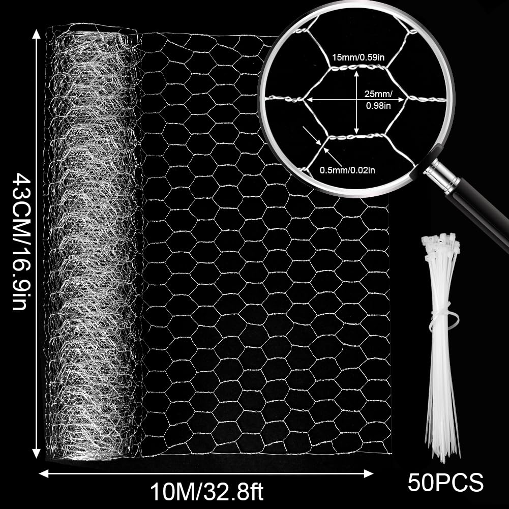 Flintronic Malla Hexagonal Galvanizada para Cercados, 43 cm (H) x 10 m (L) Red Alambre Hexagonal, Tamaño de Malla 25mm, con 50 Bridas, Plata, Ideal para Jardín y Protección de Animales — view 2