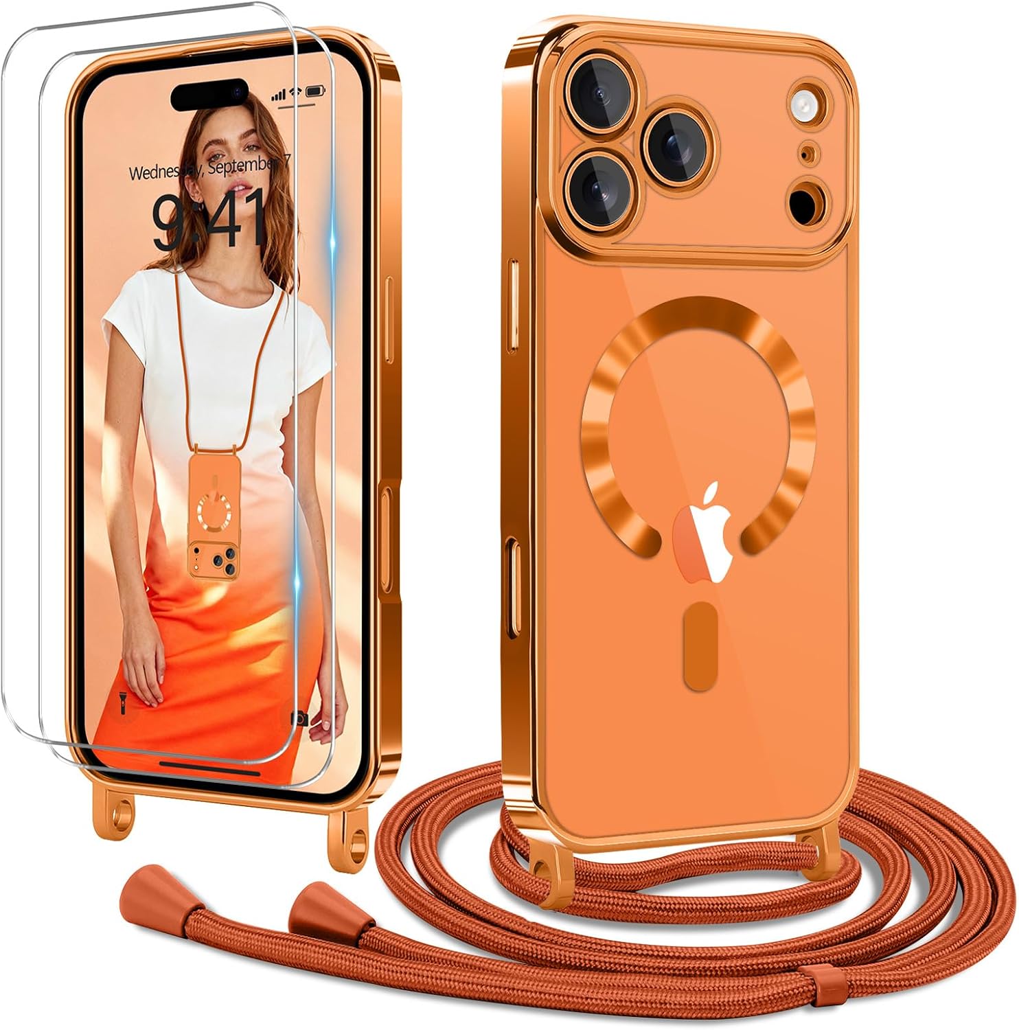 Mobile Phone Case for iPhone 17 Pro with Strap 2 Glass Screen Protectors Transparent Silicone Magnetic Protective Cross-Body Case Cord Orange
