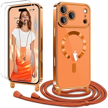 Mobile Phone Case for iPhone 17 Pro Max with Strap 2 Glass Screen Protectors Transparent Silicone Magnetic Protective Cross-Body Case Cord Orange