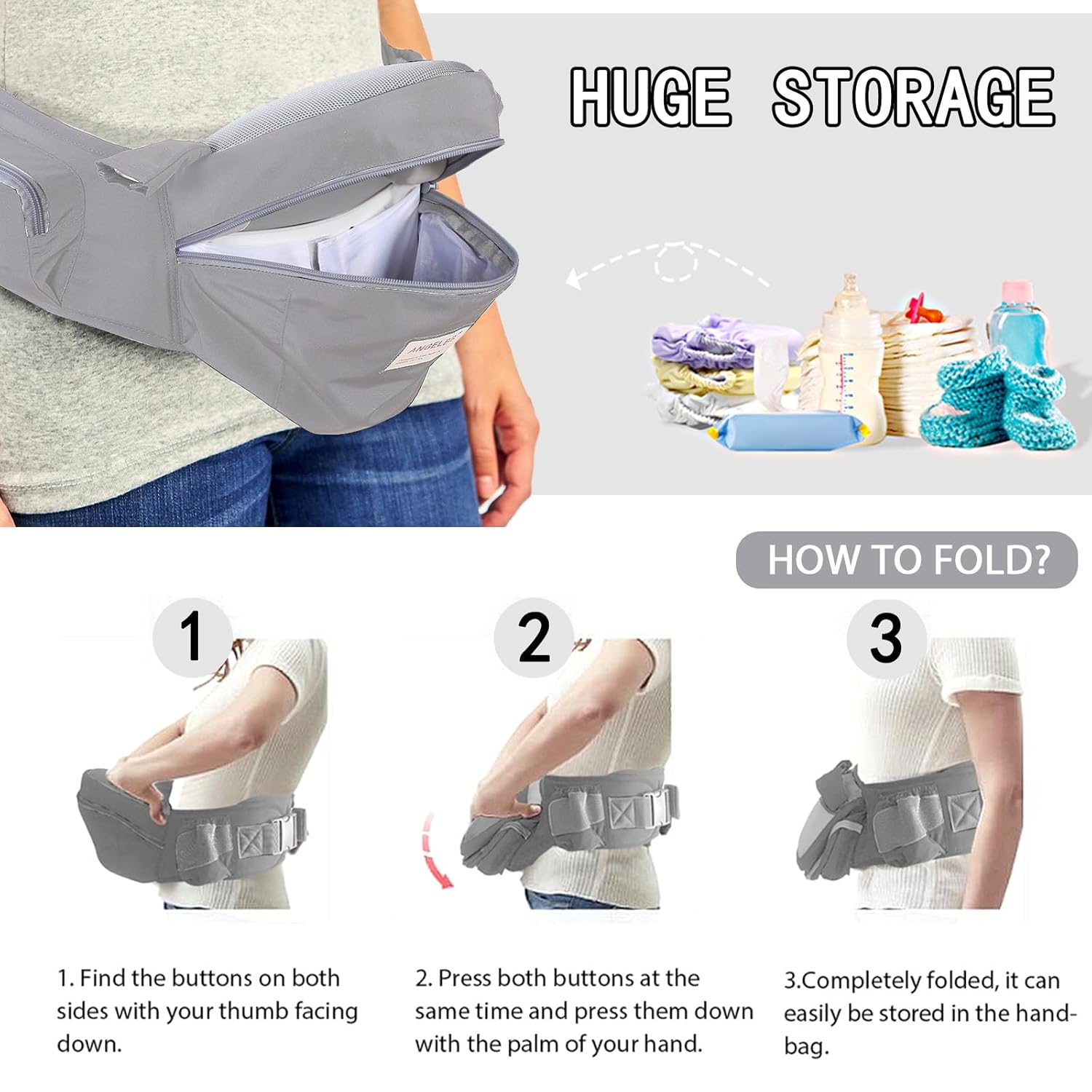 Baby Hip Carrier with Foldable Seat 180゜ Up-Down for Infant,Adjustable Straps Also as Waistband Extender,Huge Pockets,Ergonomic Waist Stool for Newborn to Toddlers Gift All-Seasons (Grey)